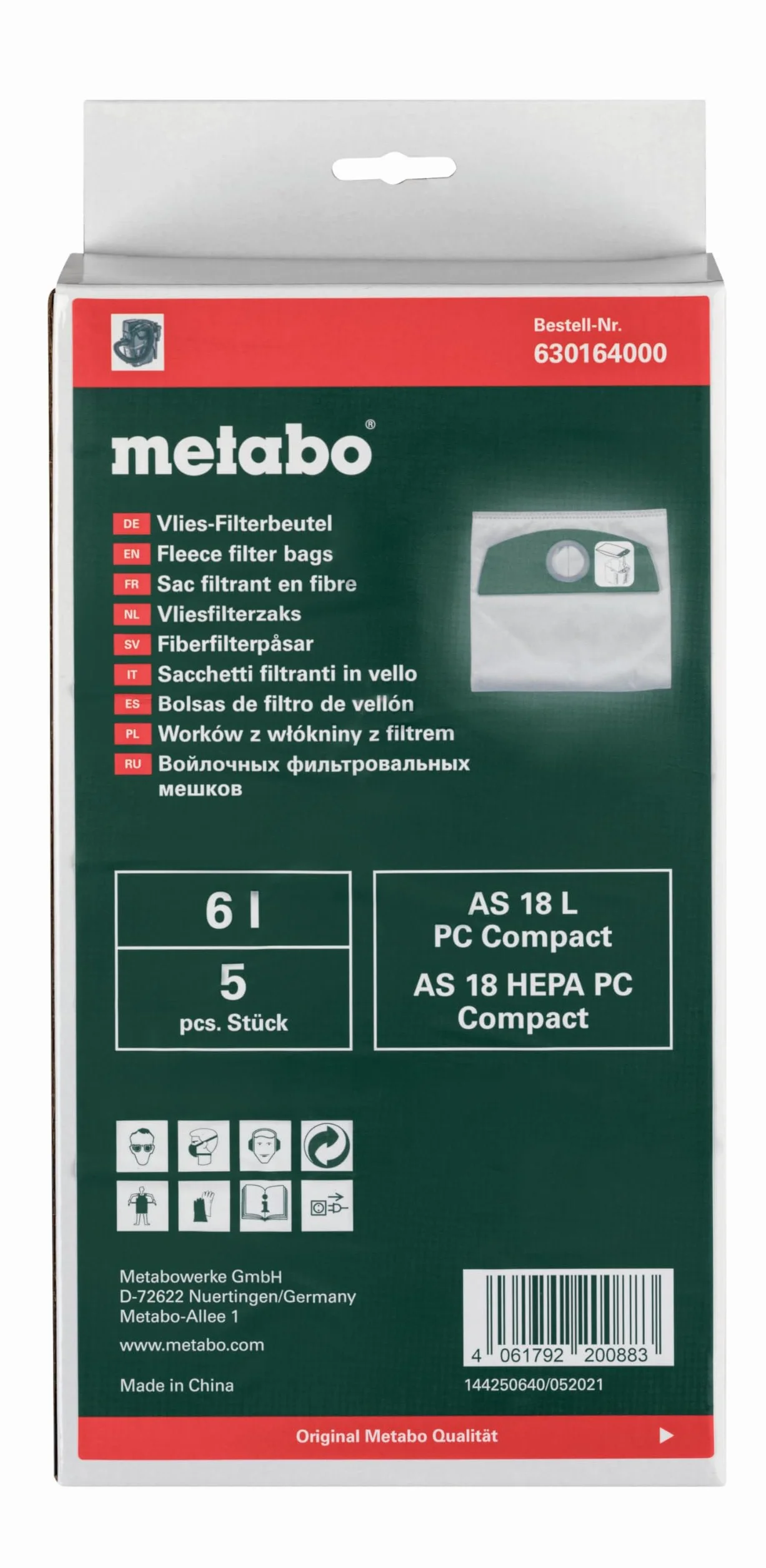 Metabo 630164000 worki filtracyjne z włókniny, 5 szt.