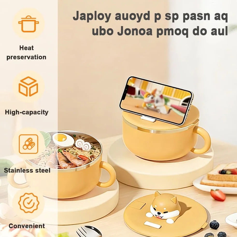 Miska ramen 1200 ml ze stali nierdzewnej 304 z pokrywką i łyżką, do mikrofali, termoizolacyjna, przenośna