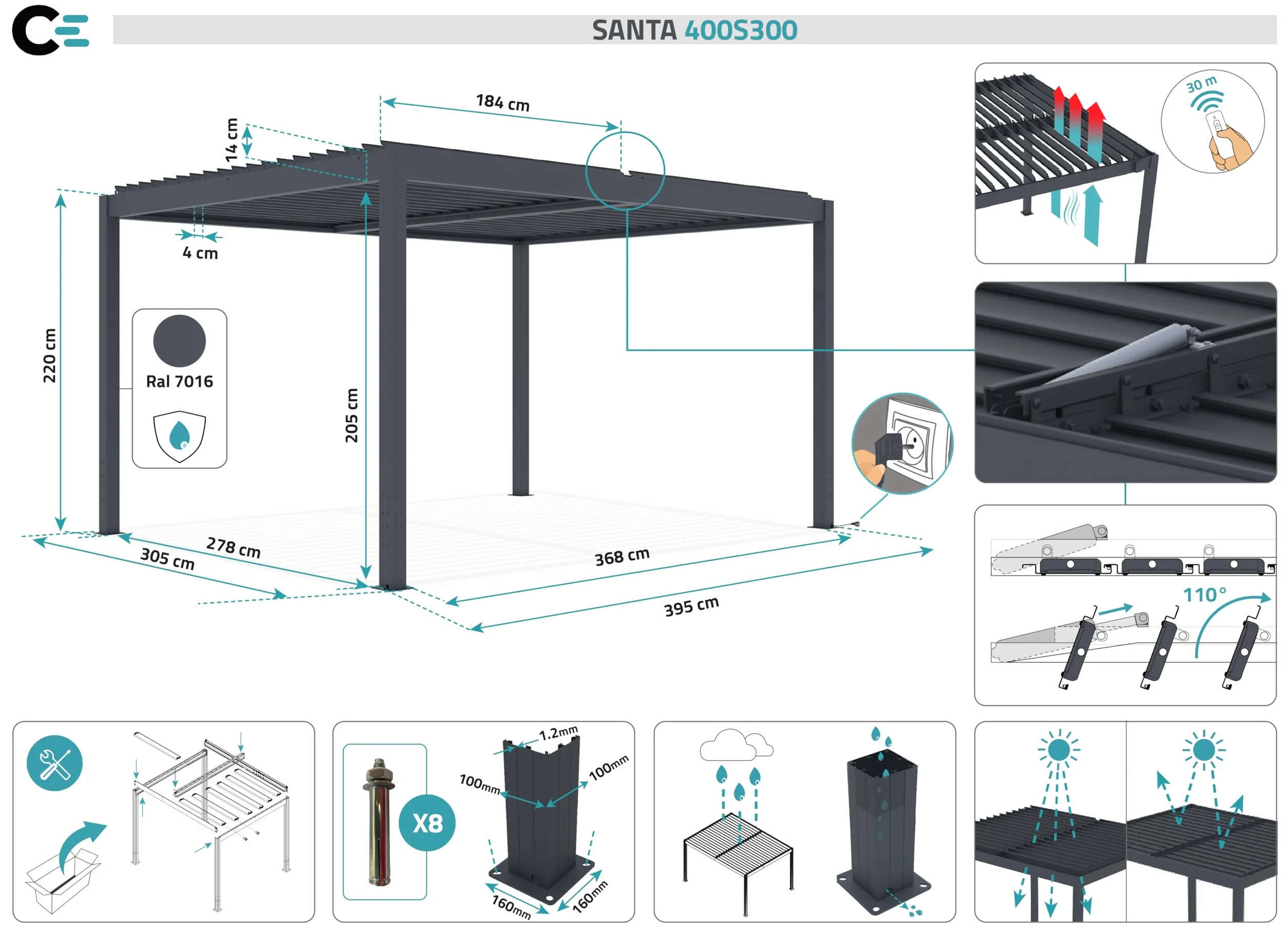 Cazeboo Pergola bioklimatyczna SANTA 4x3m z napędem elektrycznym w kolorze szarym aluminiowym