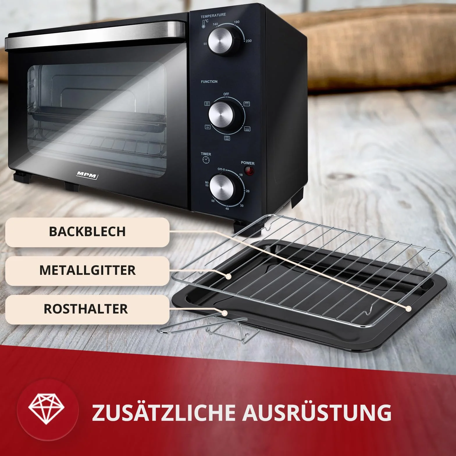 MPM MPE-14/T mini piekarnik 22 l 1300 W 90-230°C timer 60 min podwójne szyby