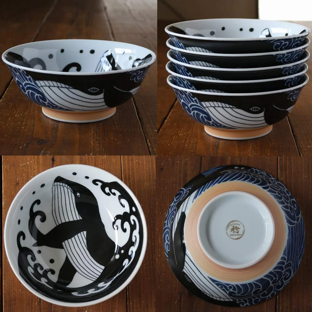 Japońska miska Ramen, ceramika Mino-Yaki, duży rozmiar 20,7 cm 1,1 l, wyprodukowana w Japonii, wieloryb czarno-biały 797678