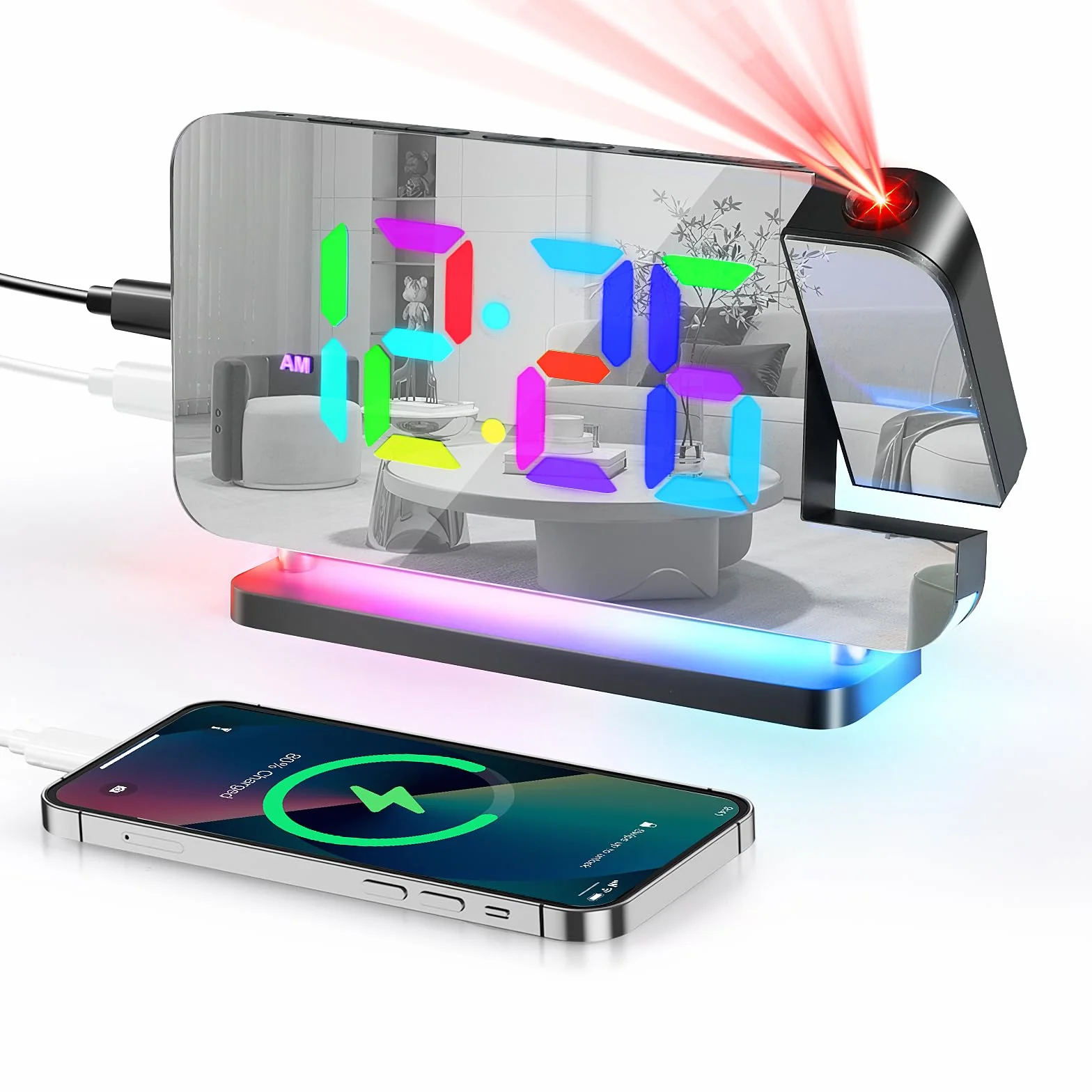 Euakee Budzik z projekcją, cyfrowy zegar z lustrem LED 7,4", 10 kolorów, projektor obracany o 180°, ładowarka USB, budzik z projektorem dla dzieci, sypialni, chłopców i dziewczynek