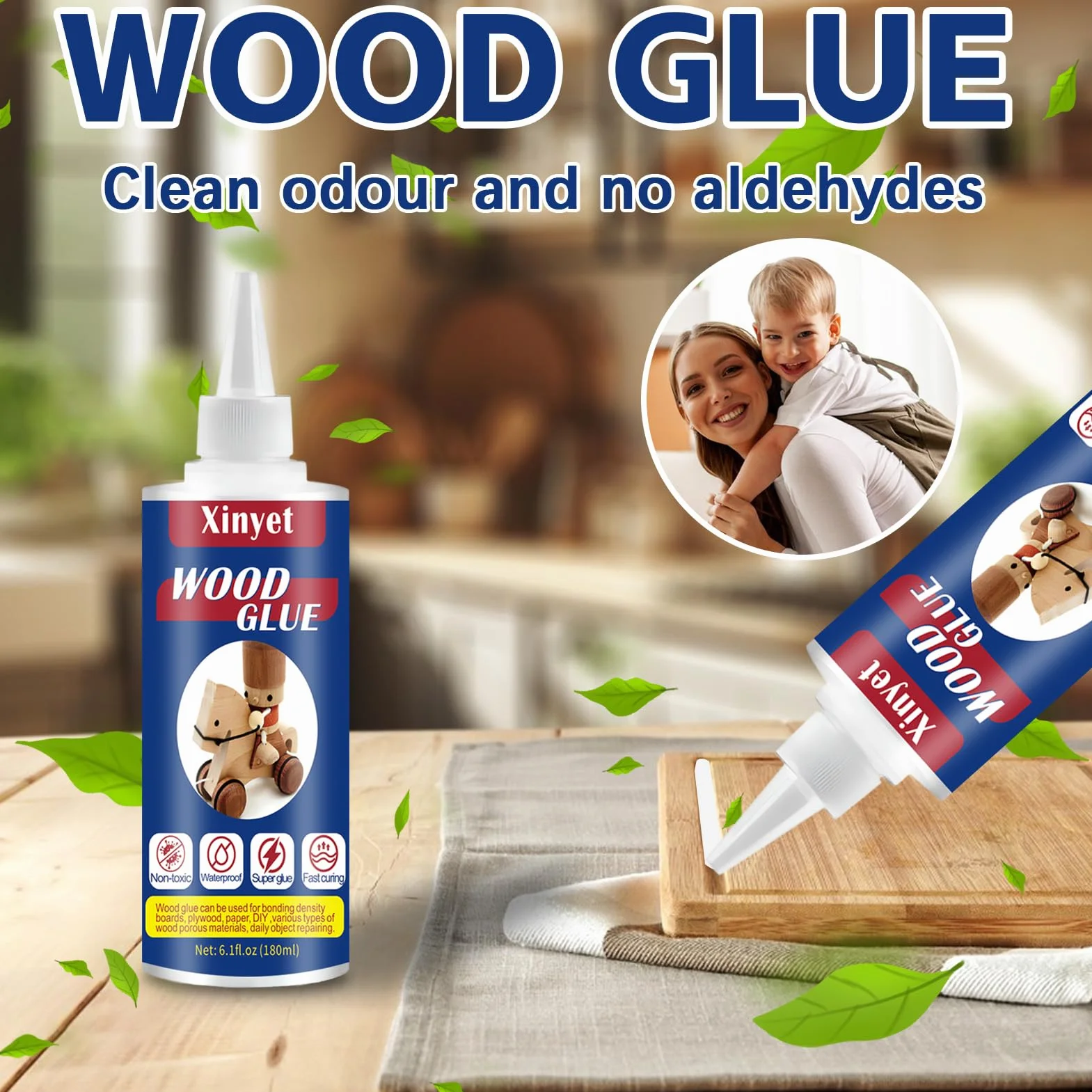 Klej do drewna, 180 ml, bardzo mocny do prac z drewna, wodoodporny, przezroczysty klej do drewna, do mebli, podłóg drewnianych i produktów z drewna
