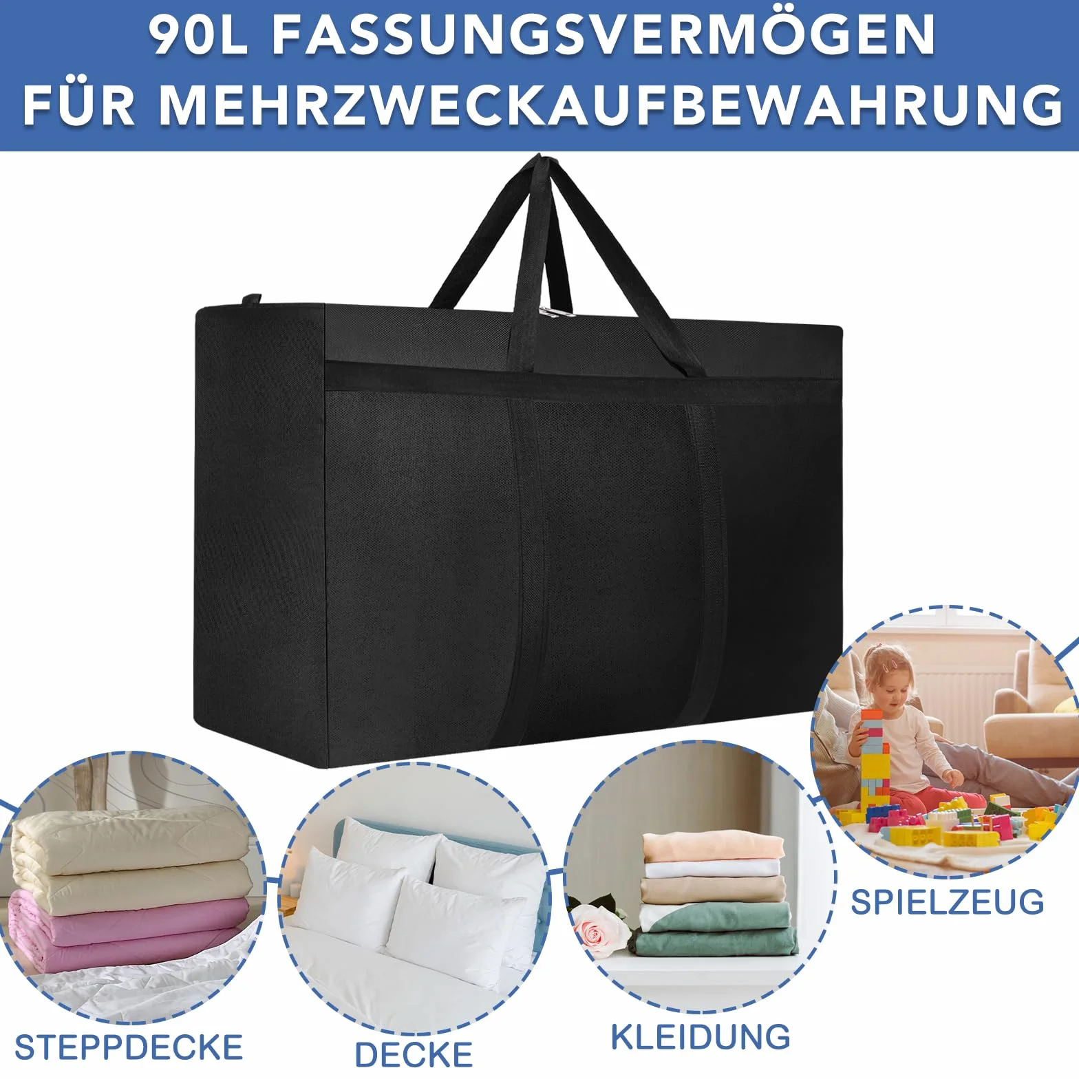 Dntorx 2 sztuki duża torba do przechowywania, 90 l, Oxford Heavy-Duty, duża torba do przeprowadzki, z zamkiem błyskawicznym, uchwyt, torba podróżna, torba do przenoszenia, na kemping, pościel, do