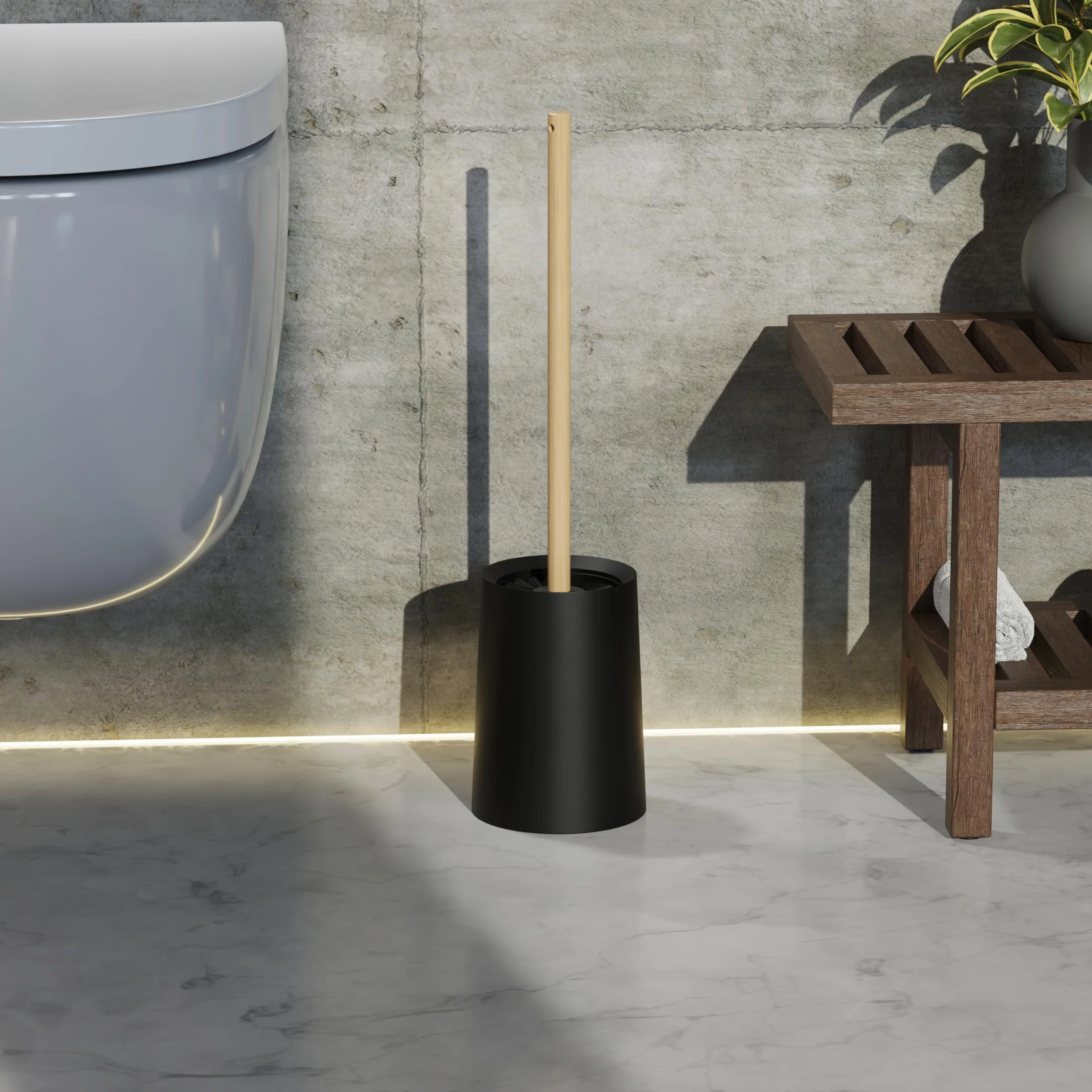 SAVEGA Szczotka toaletowa z uchwytem bambusowym i nylonowym włosiem – szczotka do WC XL wysokość 46 cm – elegancki zestaw szczotek toaletowych z pojemnikiem z tworzywa sztucznego – nowoczesny dodatek