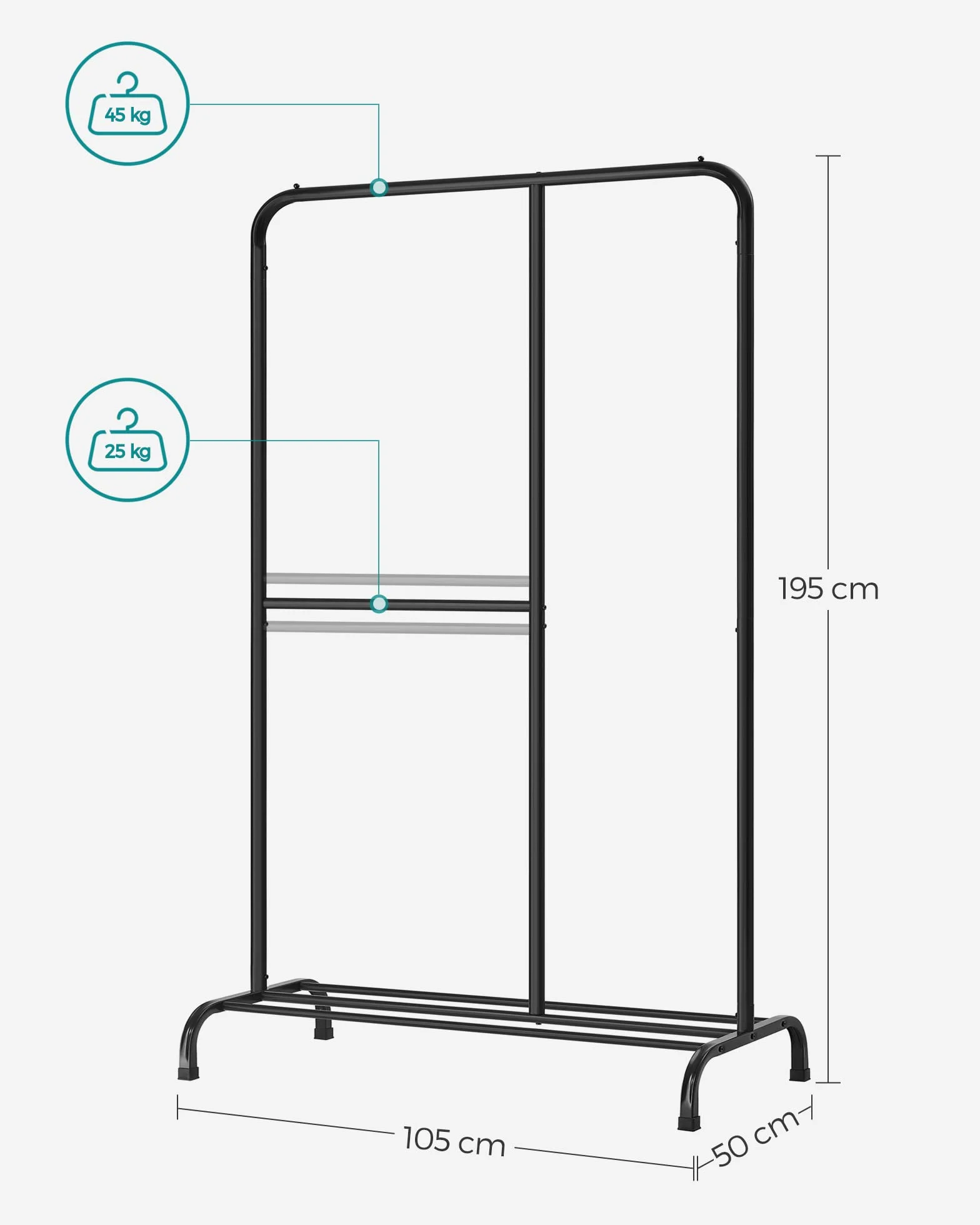SONGMICS wieszak na ubrania, wieszak na ubrania, garderoba, obciążenie 100 kg, z regulowanym drążkiem, półka do przechowywania, do sypialni, salonu, wejścia, czarny HSR103B01