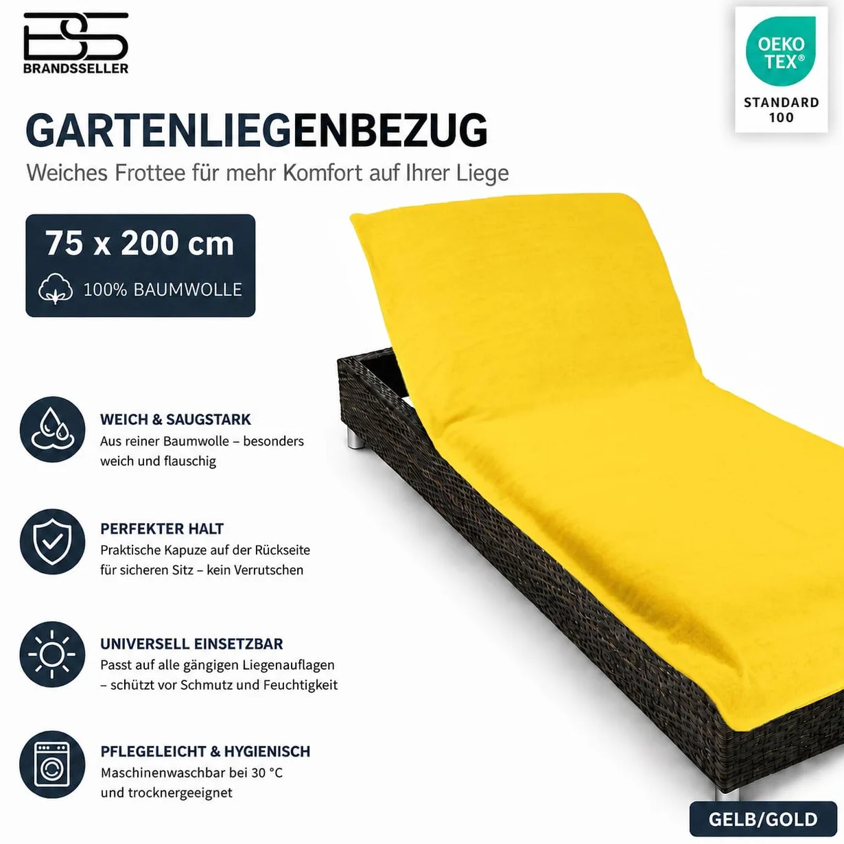 Brandsseller Pokrowiec ochronny na leżak ogrodowy, plażowy, ręcznik frotte, ok. 75 x 200 cm – żółty