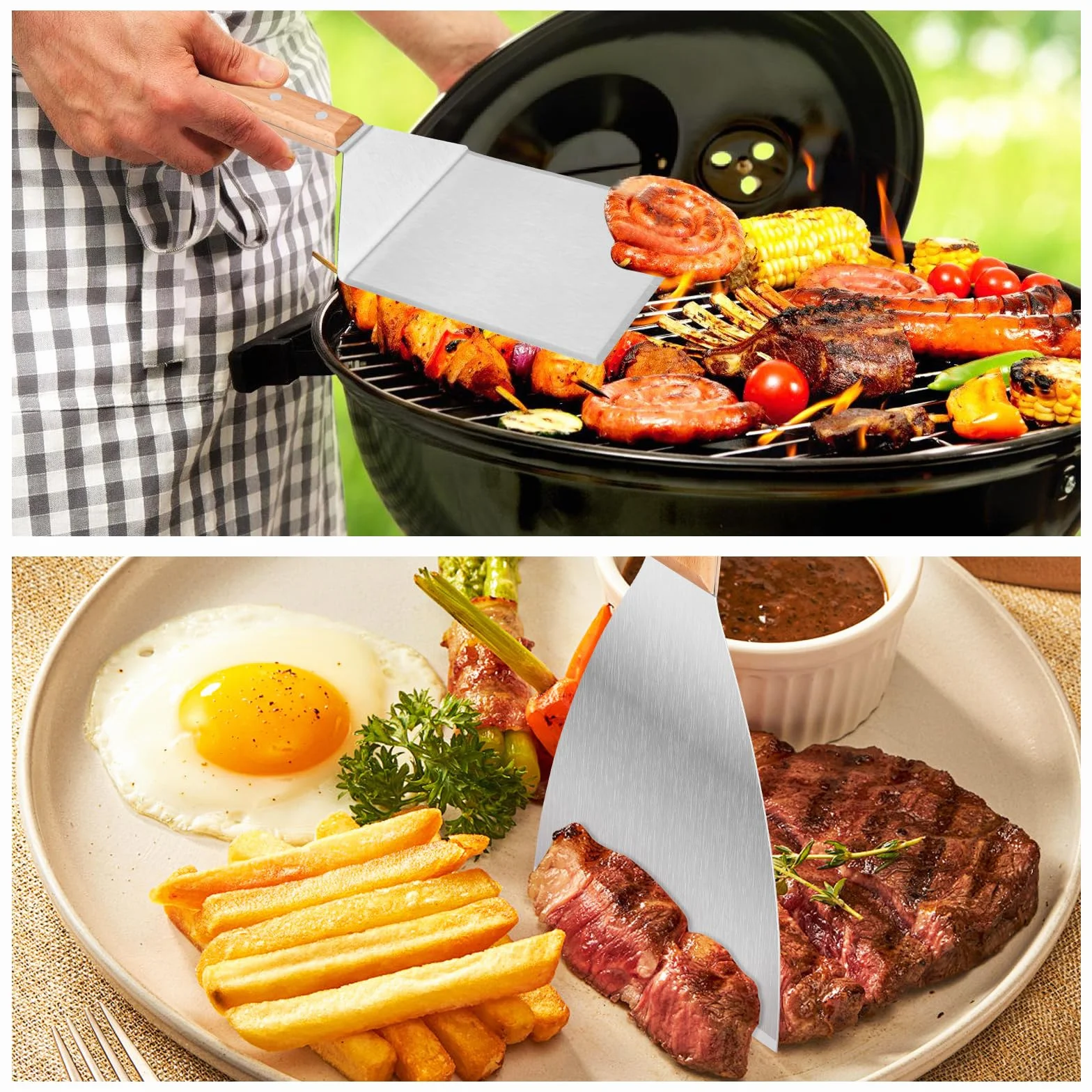 2 szt. szpatułka do grilla ze stali nierdzewnej szpatułka szpatułka kuchenna z drewnianymi uchwytami do prasy do hamburgerów, teppanyaki, grilla, steku, pizzy