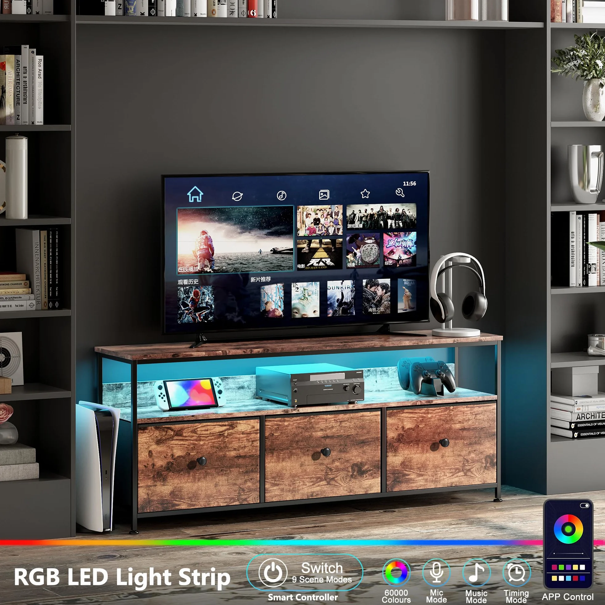 Szafka pod telewizor z diodami LED, stolik pod telewizor z 3 szufladami i 3 otwartymi półkami, niska szafka z 3 wyjmowanymi szufladami z materiału, szafka wielofunkcyjna (szuflada z