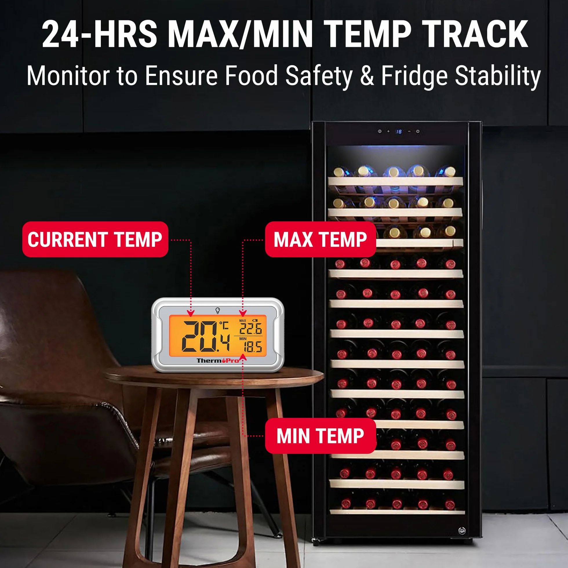 ThermoPro Cyfrowy termometr do lodówki, zamrażarki, z czytelnym i większym wyświetlaczem LCD, wodoszczelny termometr z podświetleniem tła do lodówki, chłodziarki do wina