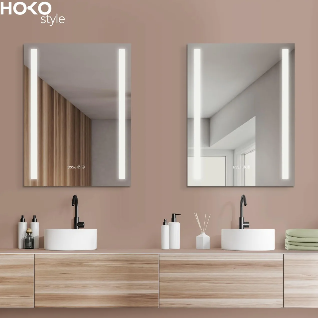 HOKO® Lustro łazienkowe LED 50 x 70 cm z zegarem i lustrzanym ogrzewaniem przeciwmgielnym z oświetleniem + zmianą diod LED, ciepła biel, zimna biel, neutralne