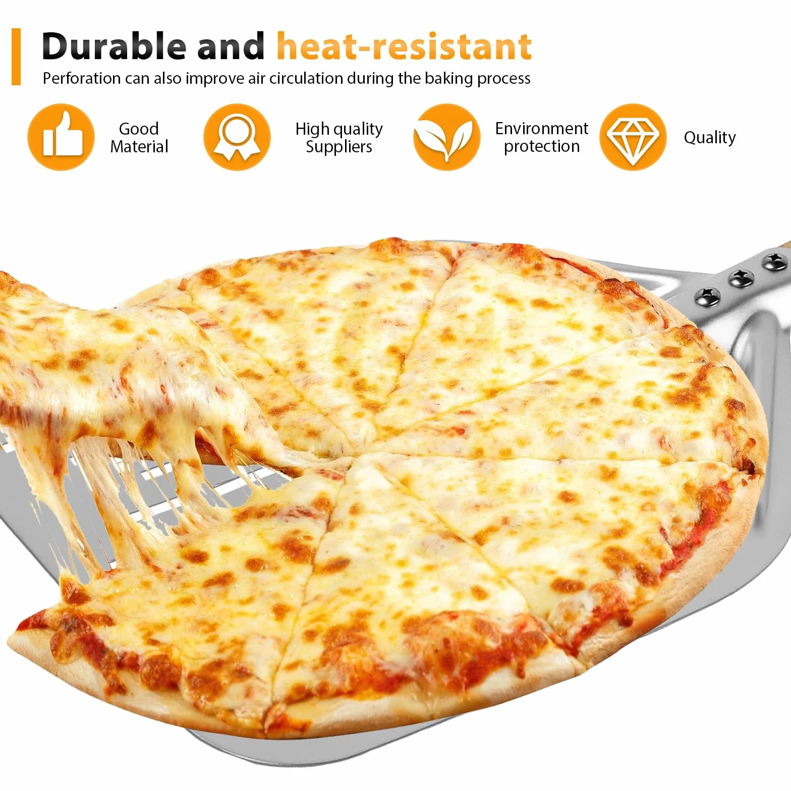 HOMURY Perforowana łopatka do pizzy, perforowana, 30 cm, perforowana łopatka do pizzy ze zdejmowanym uchwytem, perforowana z twardego anodowanego aluminium, do domowej pizzy, chleba