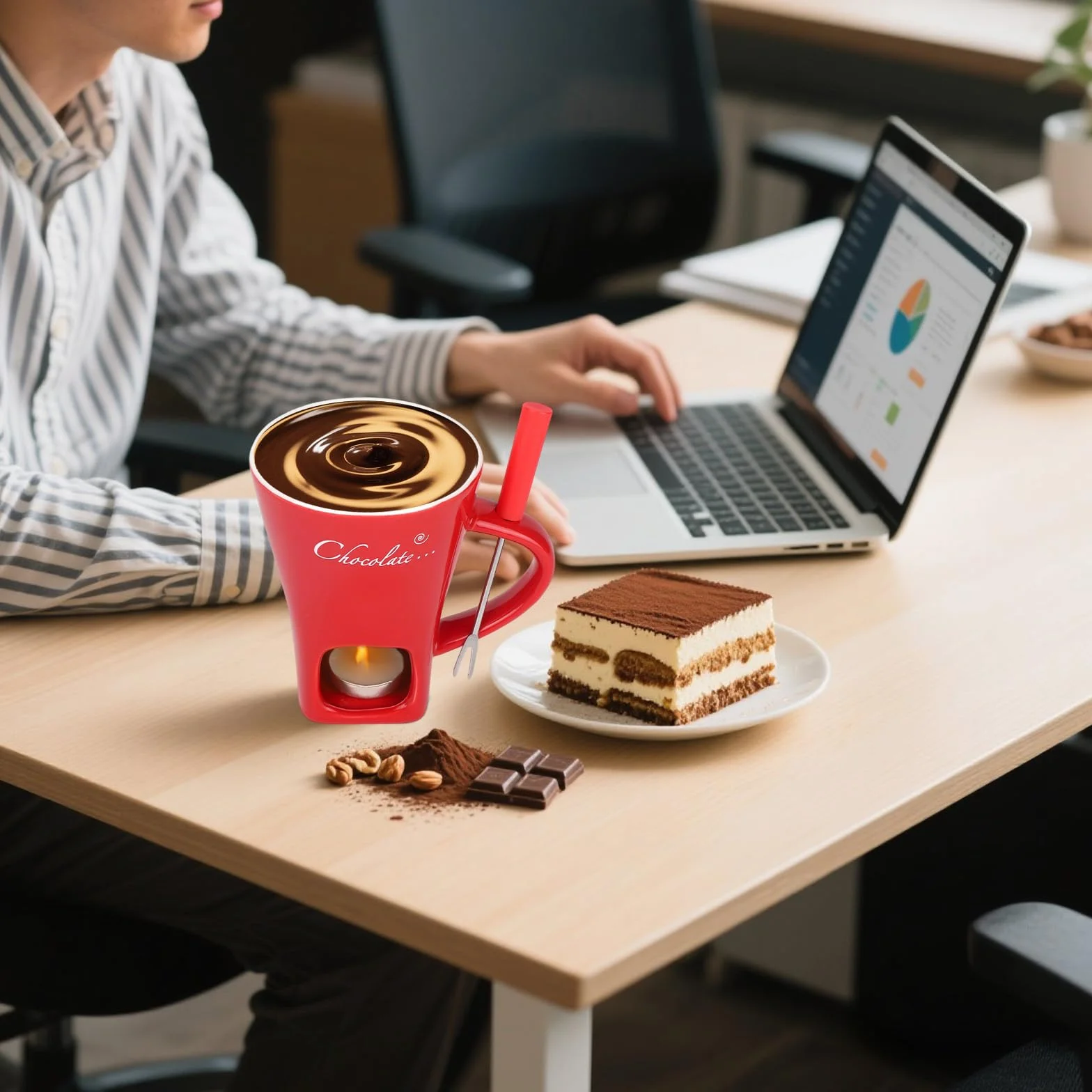 Kubek Fondue Czekoladowego Zestaw, Ceramiczny Mini Kubek do Rozpuszczania Czekolady z Widelcem i Podgrzewaczem do Świec na Słodkości Desery Idealny Randki Urodziny Prezent Ślubny (Czerwony)