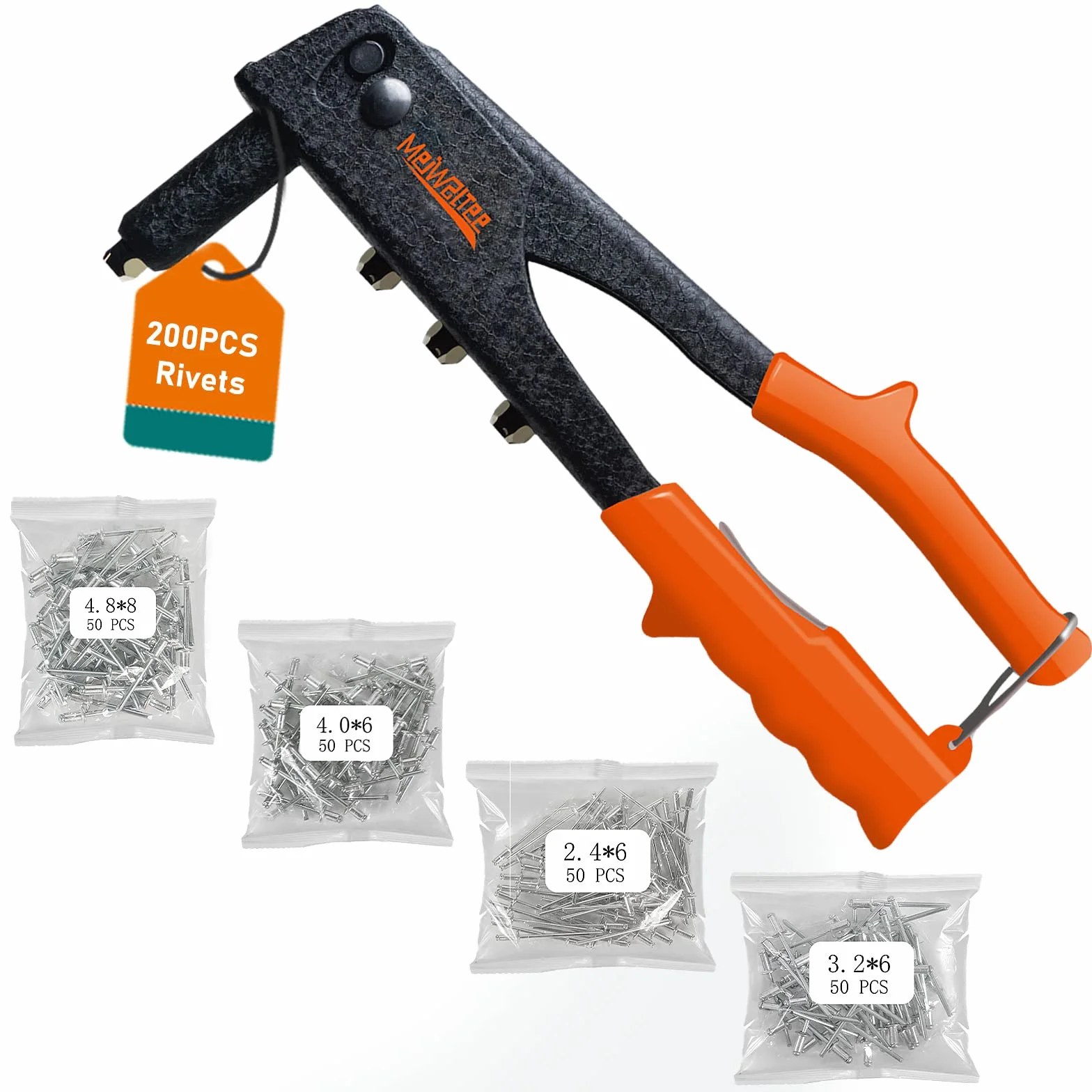 Zestaw szczypiec nitowniczych 4 w 1, 200 nitów w 4 rozmiarach 2,4 mm - 3,2 mm, 4,0 mm, 4,8 mm, trwałe i odpowiednie do prac metalowych, motoryzacyjnych i innych popularnych projektów DIY