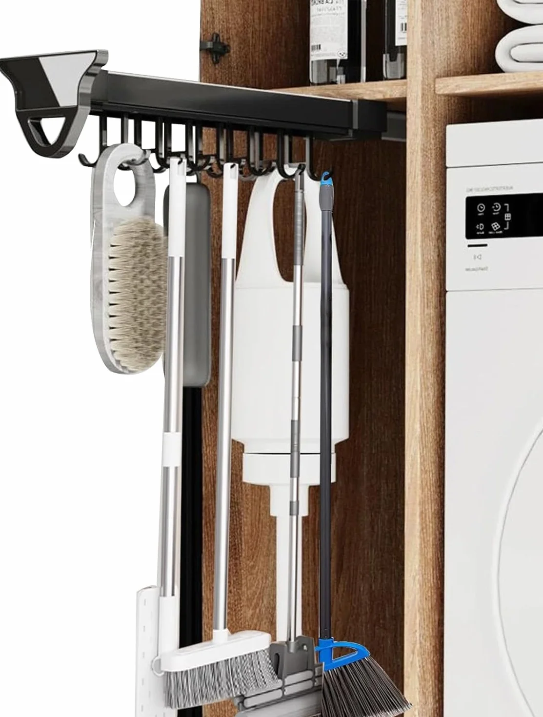 Pull Out Mop Broom Holder with Heavy Duty Hooks Pans Pots Racks for Cabinets Pull Out, Multifunctional Slide Broom and Mop Organizer
