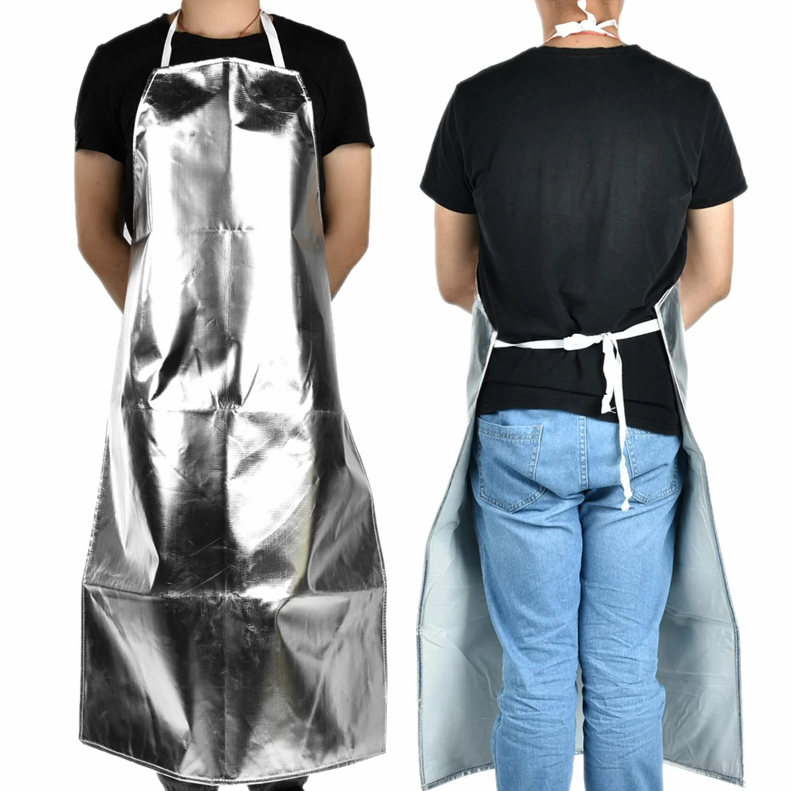Fartuch odporny na wysokie temperatury, fartuch z folii aluminiowej, 1000°C, odporny na wysokie temperatury, fartuch roboczy ogniotrwały do gotowania, grillowania, pracy, szary, l