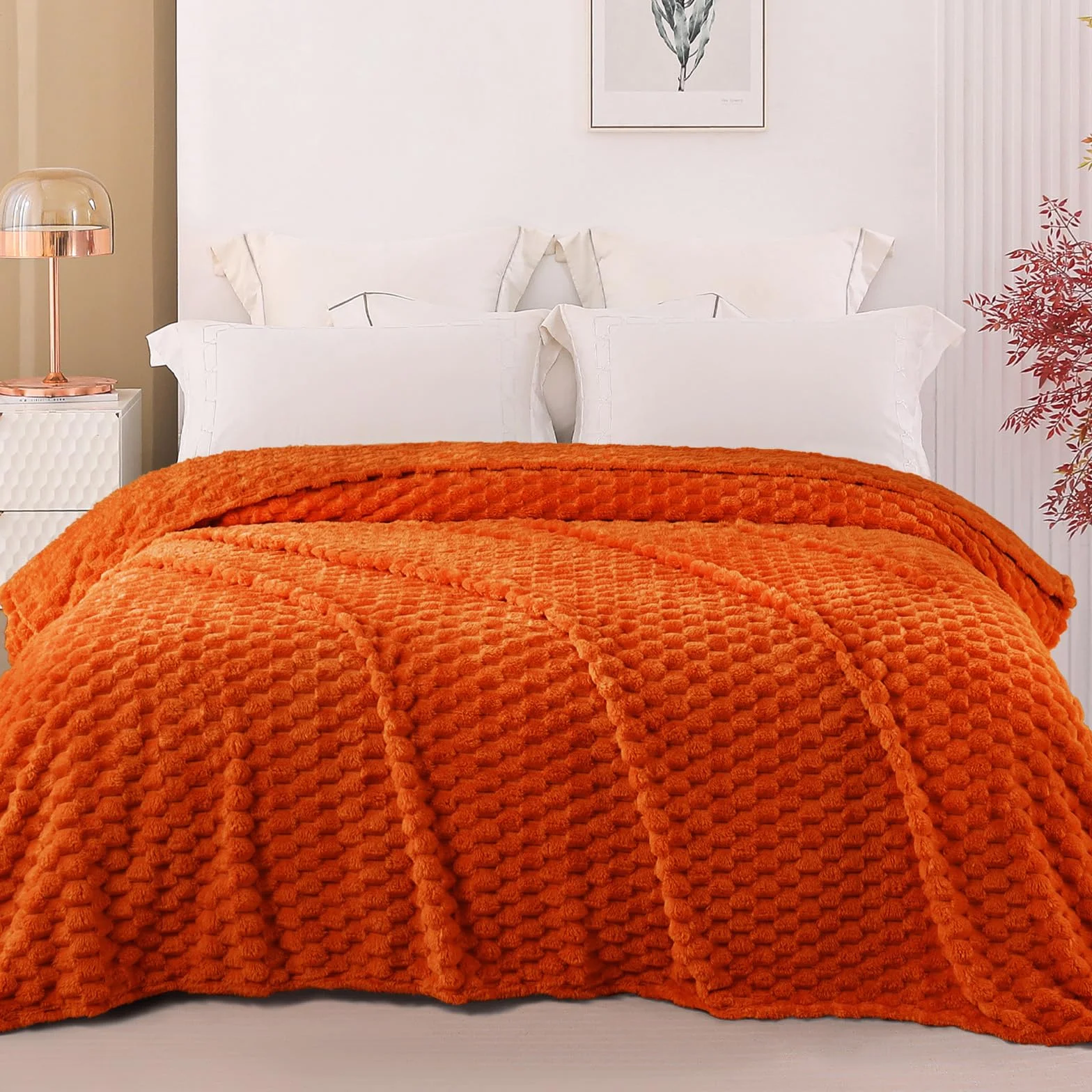 Exclusivo Mezcla Koc polarowy flanelowy w rozmiarze queen, 230 x 230 cm, stylowy żakardowy, aksamitny pluszowy koc na łóżko, przytulny, ciepły, lekki i dekoracyjny koc palony pomarańczowy