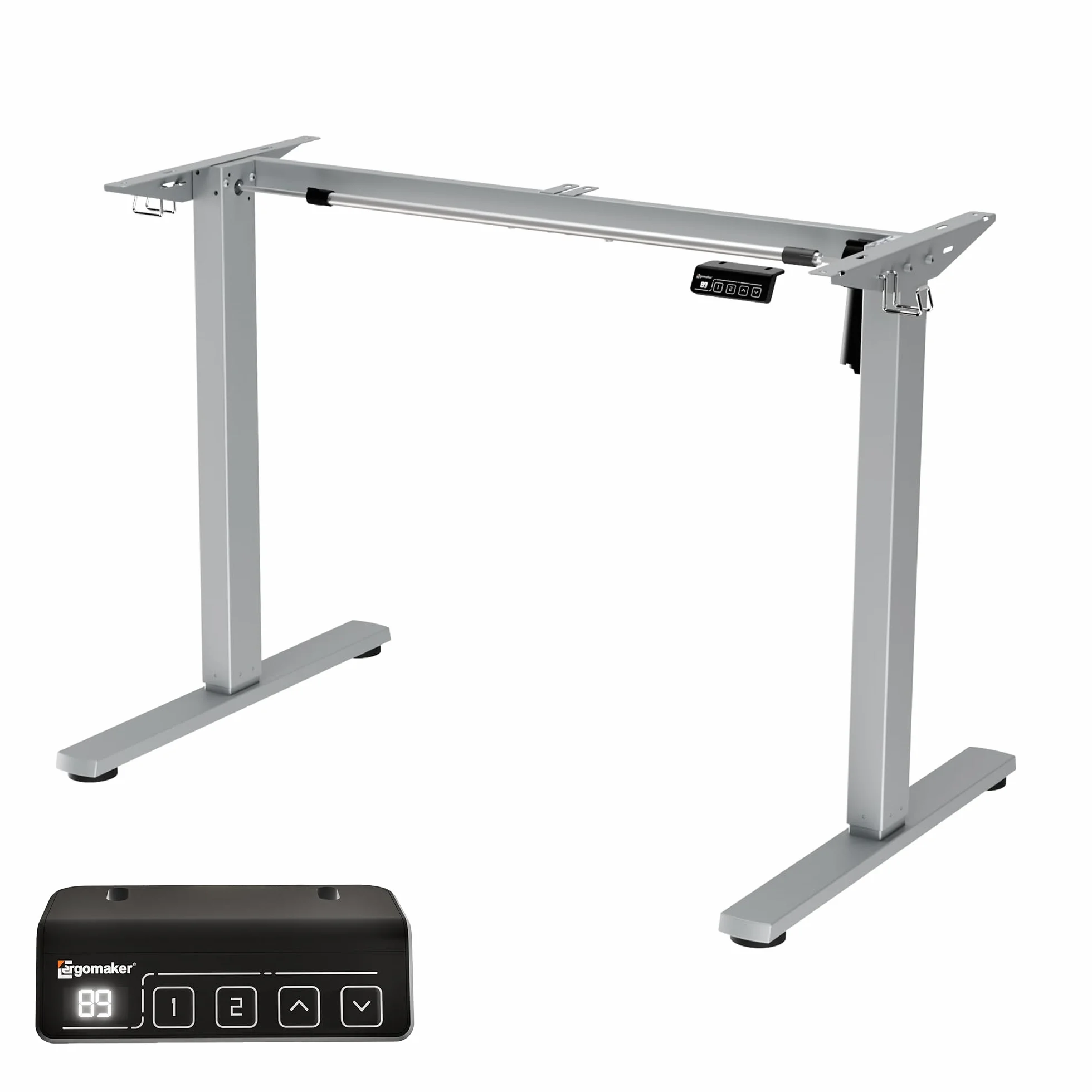 ERGOMAKER Stojak pod biurko elektryczny z regulacją wysokości 73-118 cm, Nośność 70 kg, Blokada bezpieczeństwa, 2 przyciski pamięci, W zestawie Haki, Szary
