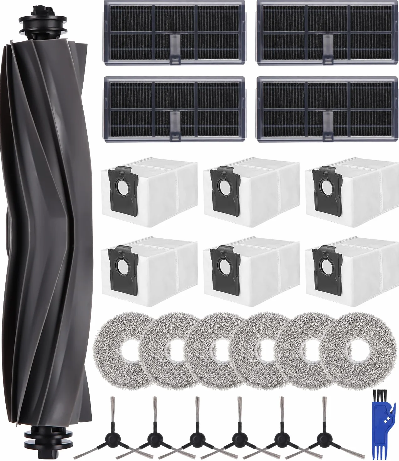 24-częściowy zestaw akcesoriów do Dreame L10s Pro Ultra Heat/ L10s Ultra Gen 2 / X30 Ultra, 1 szczotka główna, 6 worków na kurz, 6 ściereczek, 4 filtry, 6 szczotek bocznych, 1 mała