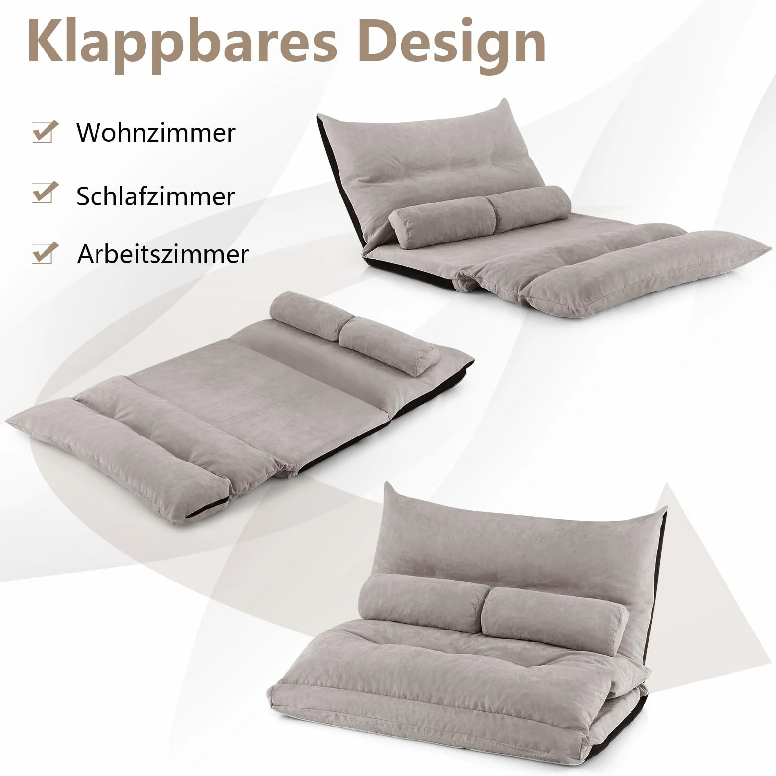 COSTWAY Składana sofa podłogowa 3 w 1 z funkcją spania i regulowanym oparciem, sofa z 2 poduszkami lędźwiowymi, składana sofa, fotel do spania do salonu i sypialni, kolor szary, TG32341SDDE