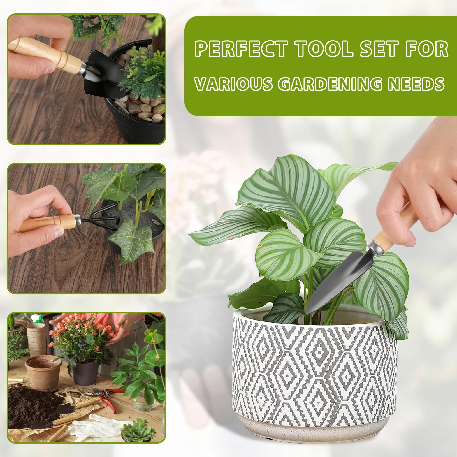 COMNICO Zestaw narzędzi ogrodowych, wytrzymała, żelazna, mała łopatka do sadzenia, mini łopatka ręczna z ergonomicznym antypoślizgowym drewnianym uchwytem, prezenty dla mężczyzn i kobiet, 3 szt