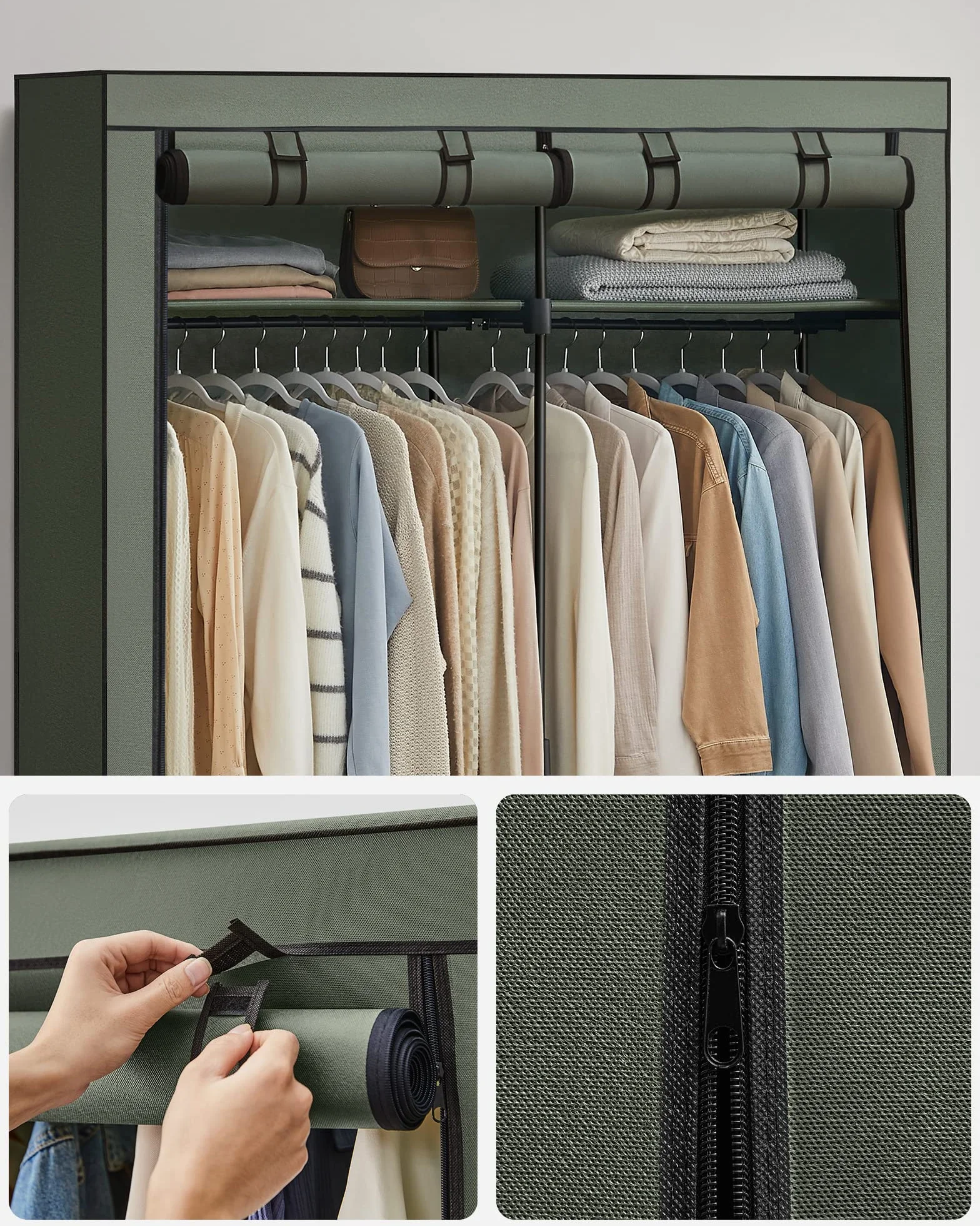 SONGMICS RYG002C02 Szafa na ubrania, garderoba z 2 drążkami na ubrania, szafa z materiału, wieszak na ubrania, składana, do garderoby, sypialni, 43 x 140 x 174 cm, czarna