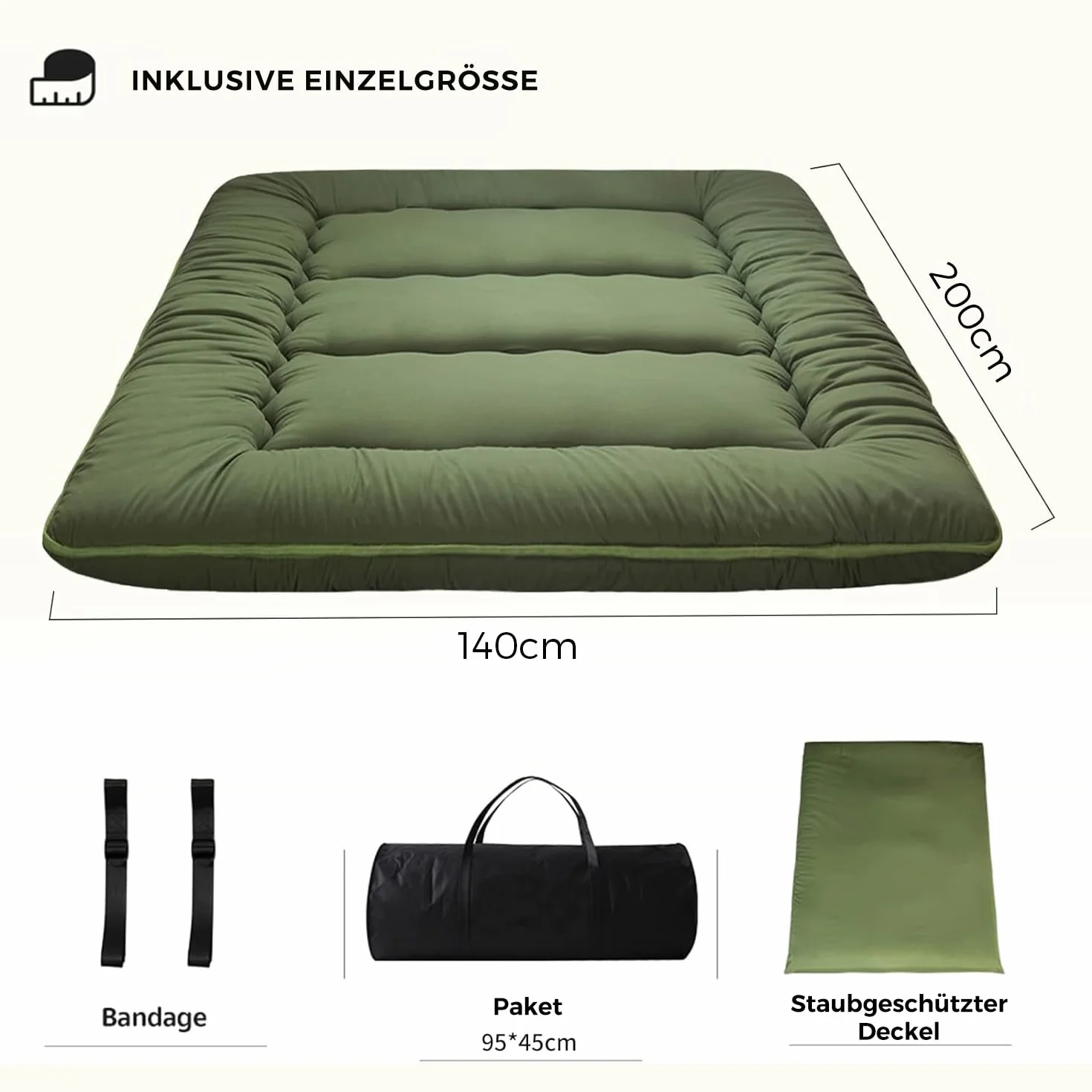 MAXYOYO Japoński materac podłogowy futon, pogrubiony, mata tatami, podkładka do spania, składany, zwijany, do sypialni, zielony, podwójny