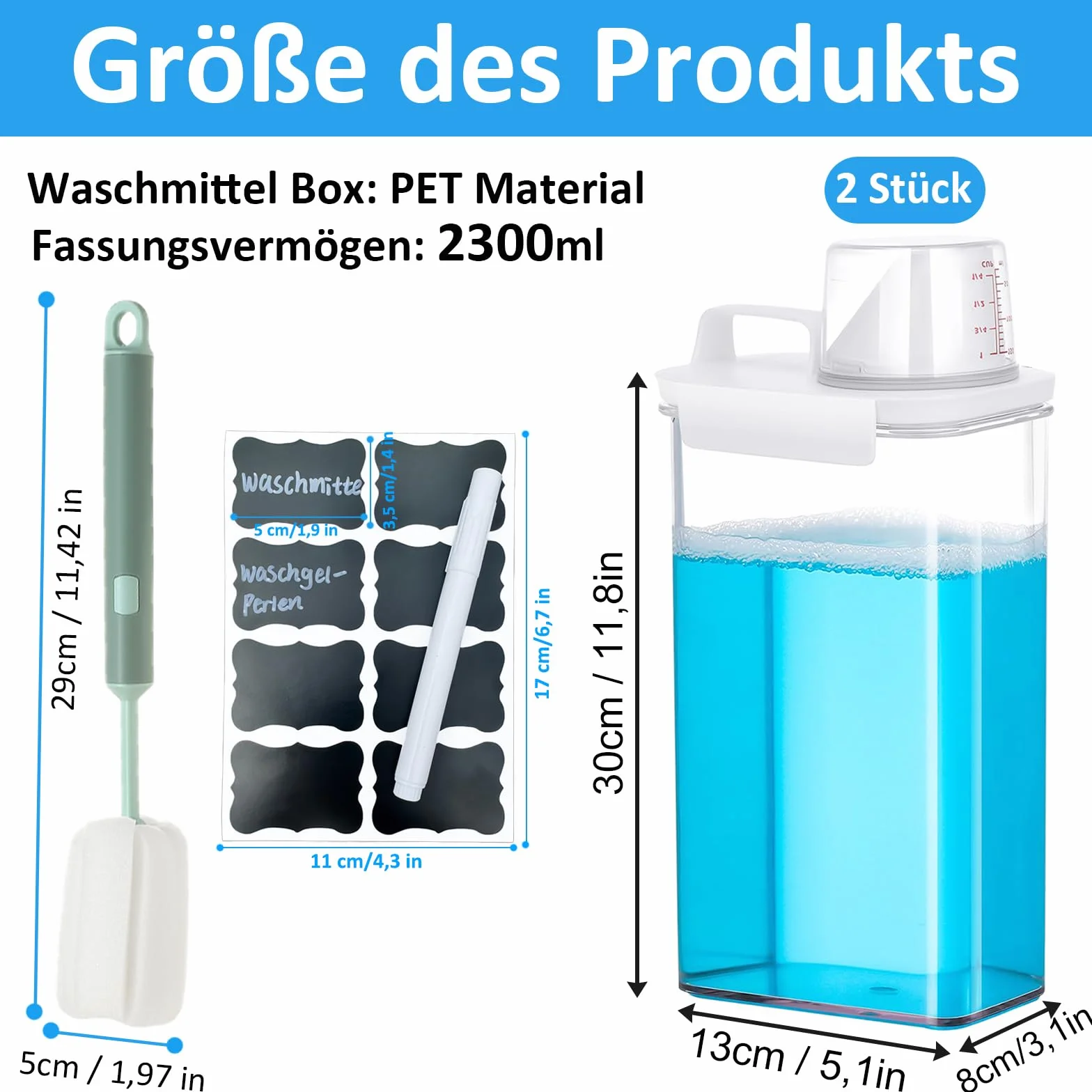 Przechowywanie środków piorących, 2 sztuki, 2300 ml, uniwersalne pudełko na środki piorące, przezroczyste pudełko do przechowywania proszku do prania, z miarką, do pralni, łazienki