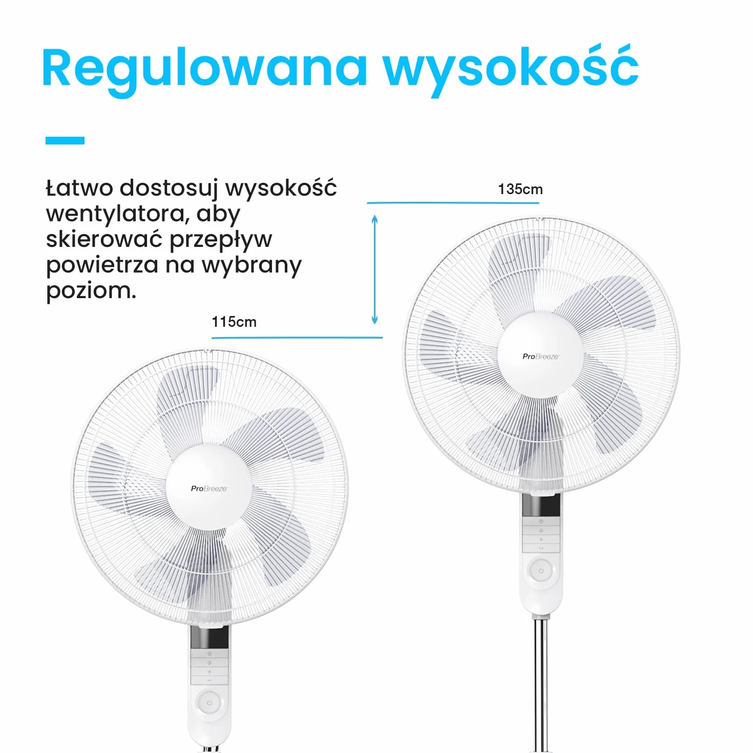 Pro Breeze Wentylator Stojący z Pilotem 40cm 55W Oscylacja 80° LED Cichy Biały