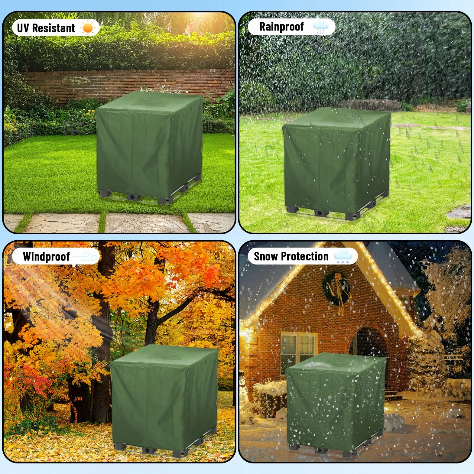 Pokrywa na zbiornik IBC 1000L – Wodoodporna osłona UV do zbiornika wodnego i kontenera IBC 420D – Plandeka z zamkiem błyskawicznym 120x100x116 cm (Zielony)