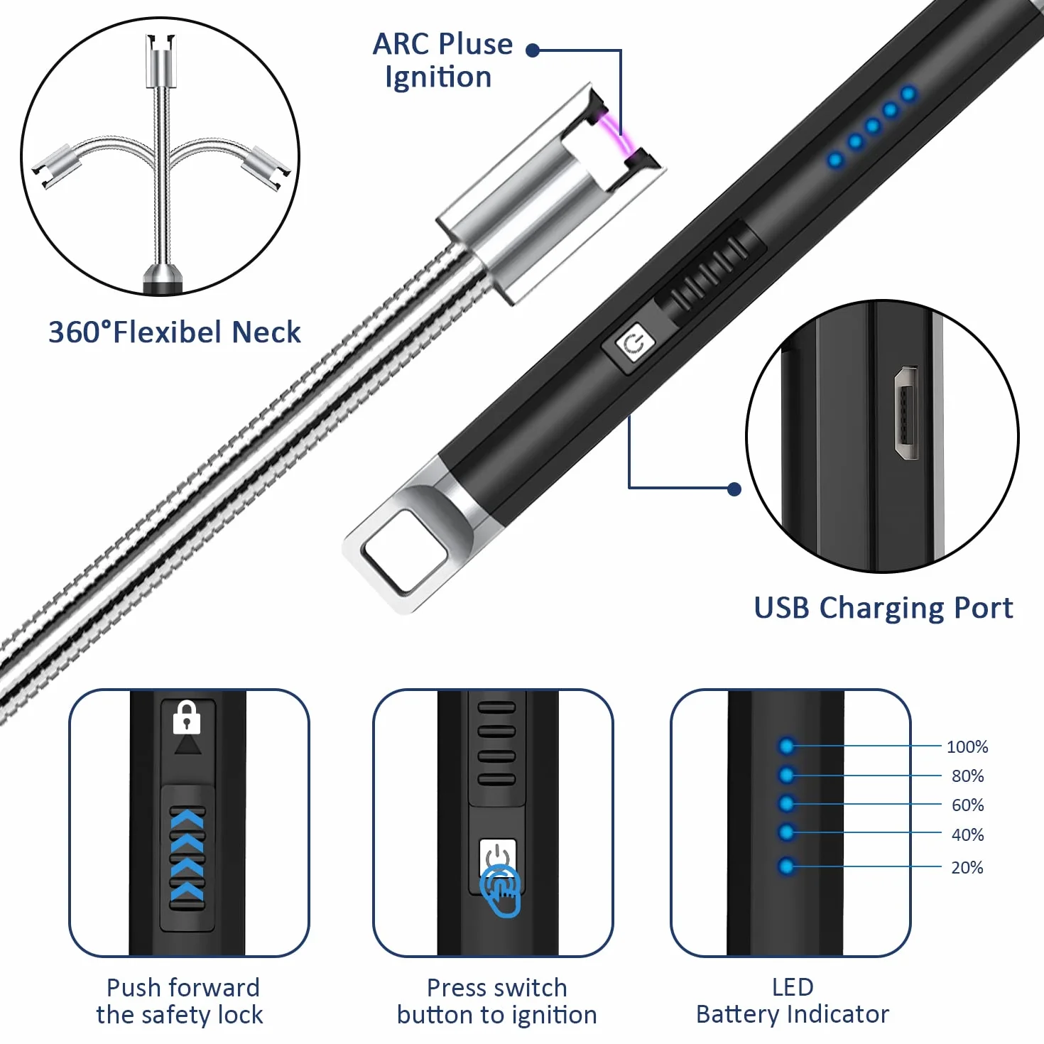 Zapalniczka łukowa, na USB, akumulatorowa, zapalniczka elektryczna, wiatroodporna, bezpłomieniowa, elektroniczna, do zapalania świec, kuchenek gazowych, kuchni (czarna)