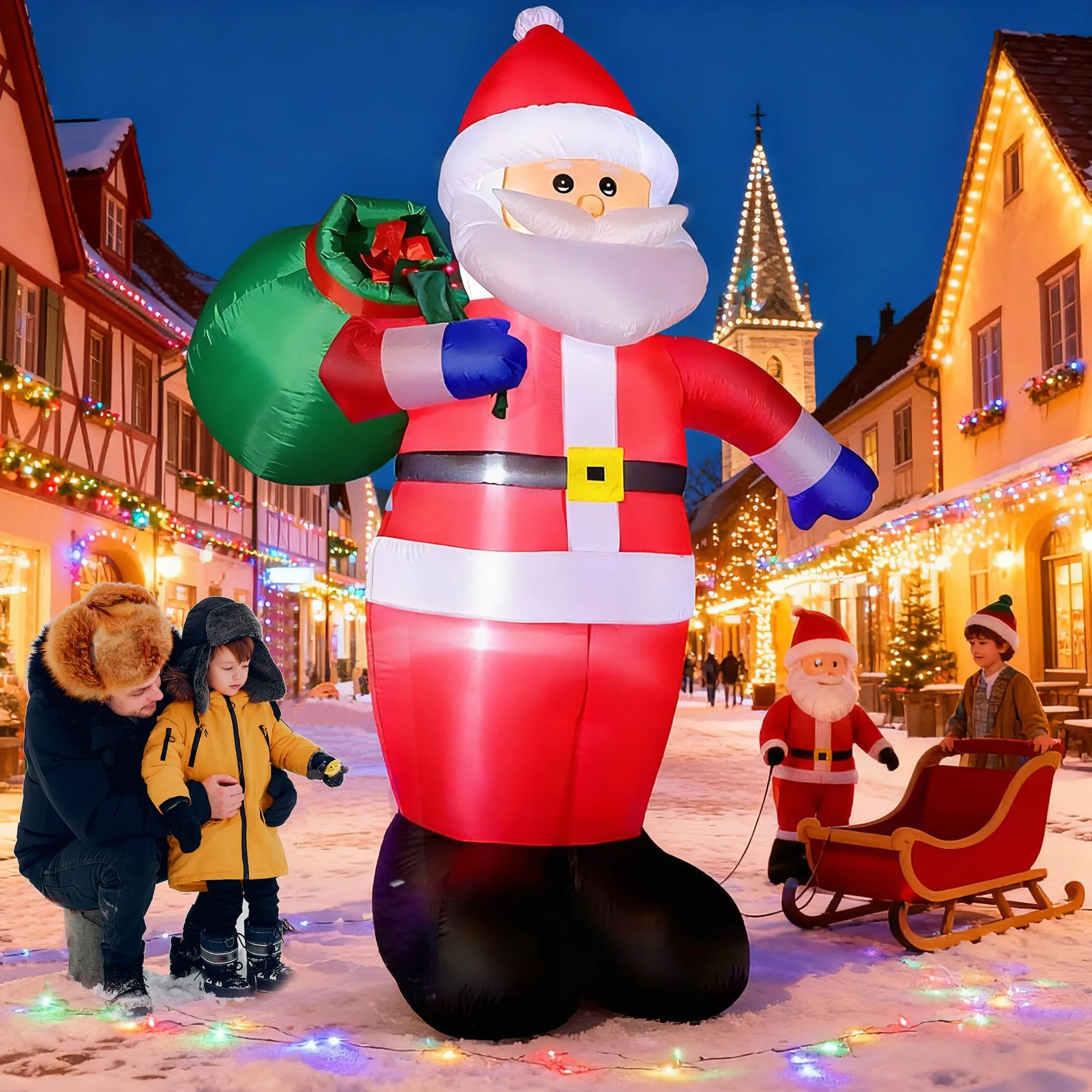 Nadmuchiwany Święty Mikołaj 240 cm z oświetleniem LED, wodoszczelność IP44, ogromna dekoracja bożonarodzeniowa do ogrodu, na podwórko i taras, łatwa w montażu, świąteczne oświetlenie zewnętrzne na