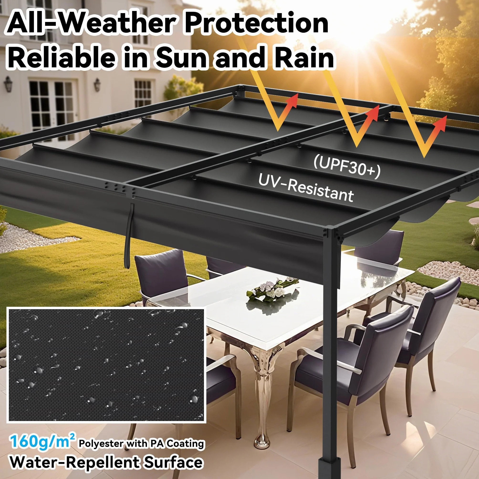 ACXIN Pergola z przesuwnym dachem, zadaszenie tarasu ze stalowej ramy, wodoodporny poliester powlekany PA 160 g, wolnostojący pawilon ogrodowy z regulowaną ochroną przed słońcem (czarna, 3 x 3 m)