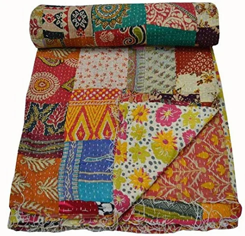 Estationeryhouse Indyjska kołdra w stylu vintage, patchwork, kanta, ręcznie wykonana narzuta, dwustronny koc, narzuta na łóżko, tkanina bawełniana, boho, kołdra