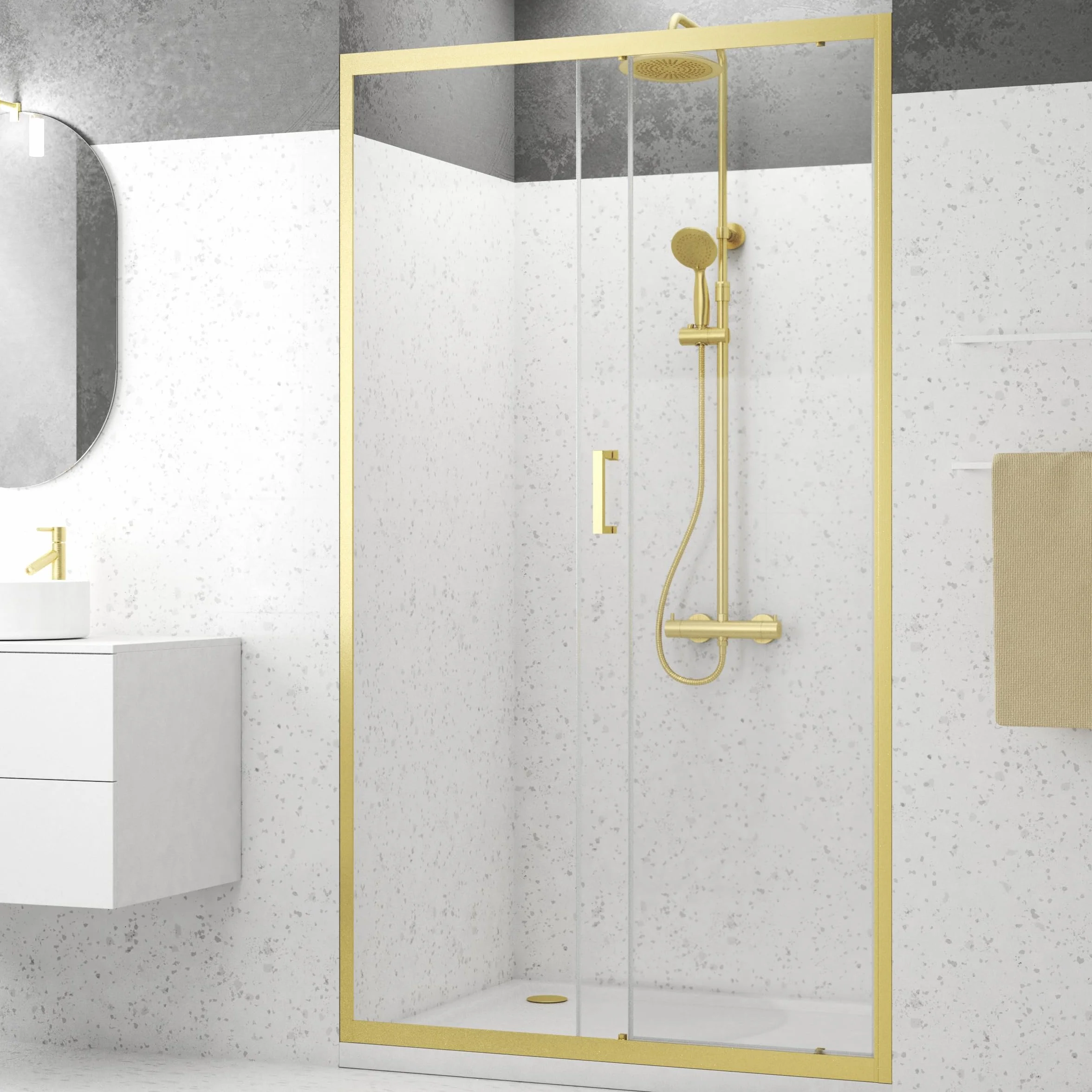 Marwell Drzwi prysznicowe Golden Stage 120 x 200 cm – drzwi przesuwne ze ścianką prysznicową ze szkła hartowanego o grubości 6 mm – szerokość otworu 49 cm – z wysokiej jakości złotymi profilami