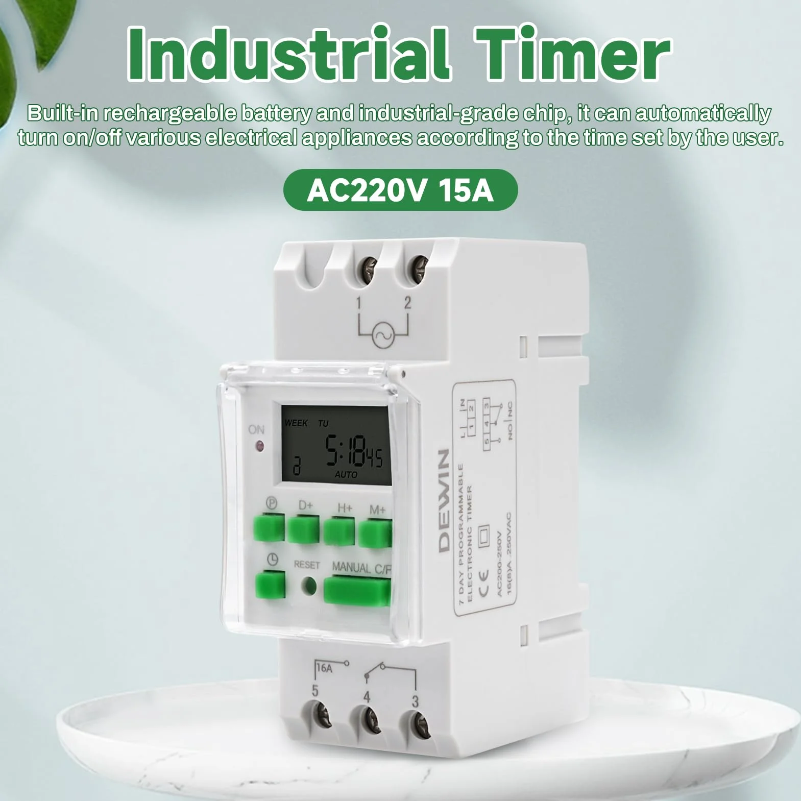 DEWIN Cyfrowy przełącznik czasowy do szyn DIN, cyfrowy przełącznik czasowy, programowalny tygodniowy elektroniczny timer AC 230 V