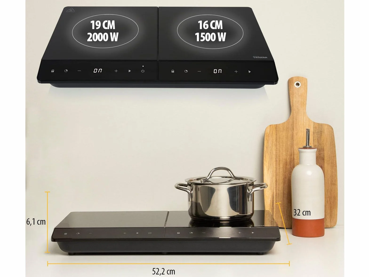 Tristar Podwójna płyta indukcyjna, ◕19 i ◕16 cm, 10 poziomów mocy, 3500 W, niskie zużycie, wbudowany timer, z ochroną przed przegrzaniem, IK-6162