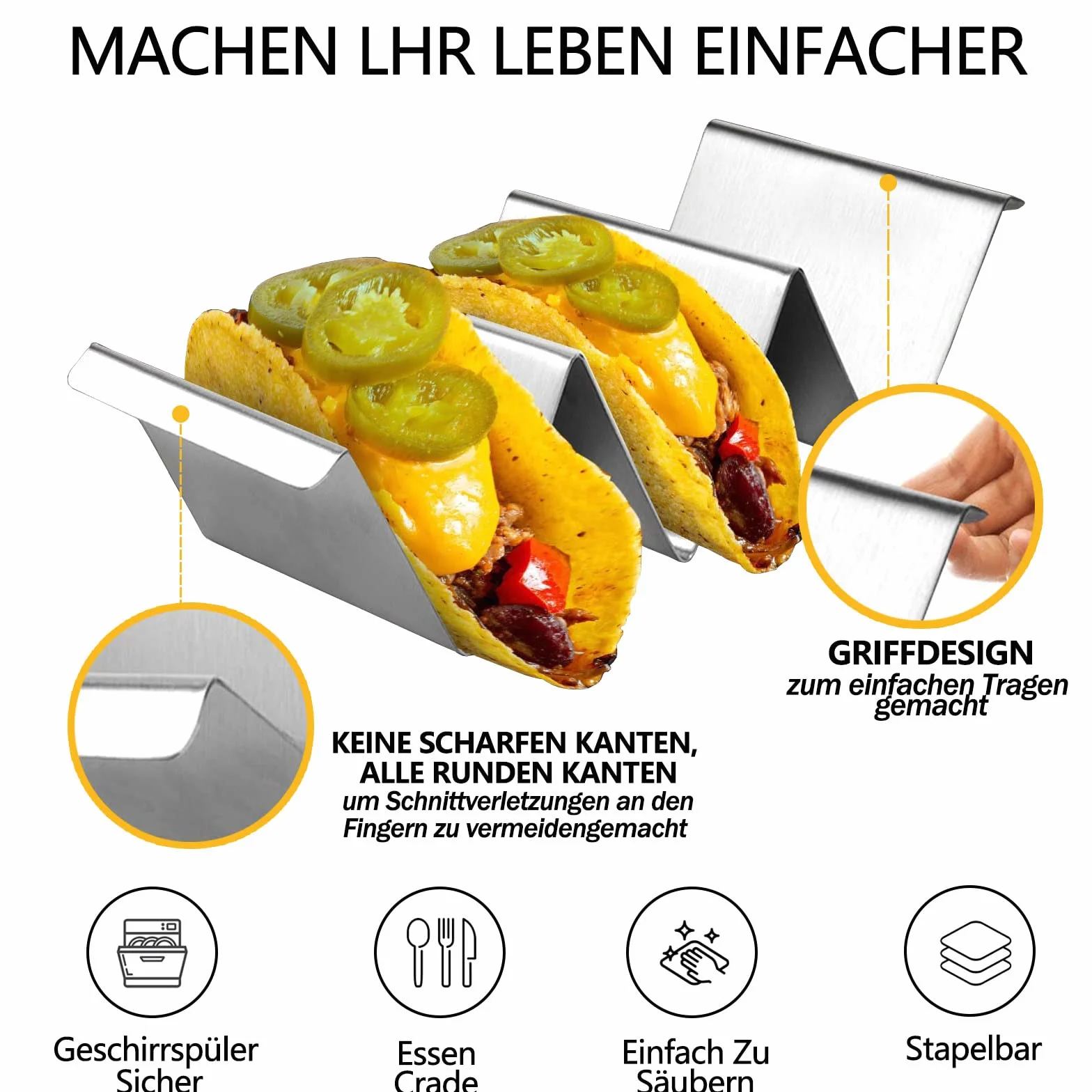 2 uchwyty taco ze stali nierdzewnej, stojak do taco w kształcie fali, nadaje się do mycia w zmywarce, uchwyt na hotdog, z uchwytami, do tacos, kanapek i hot dogów, srebrny