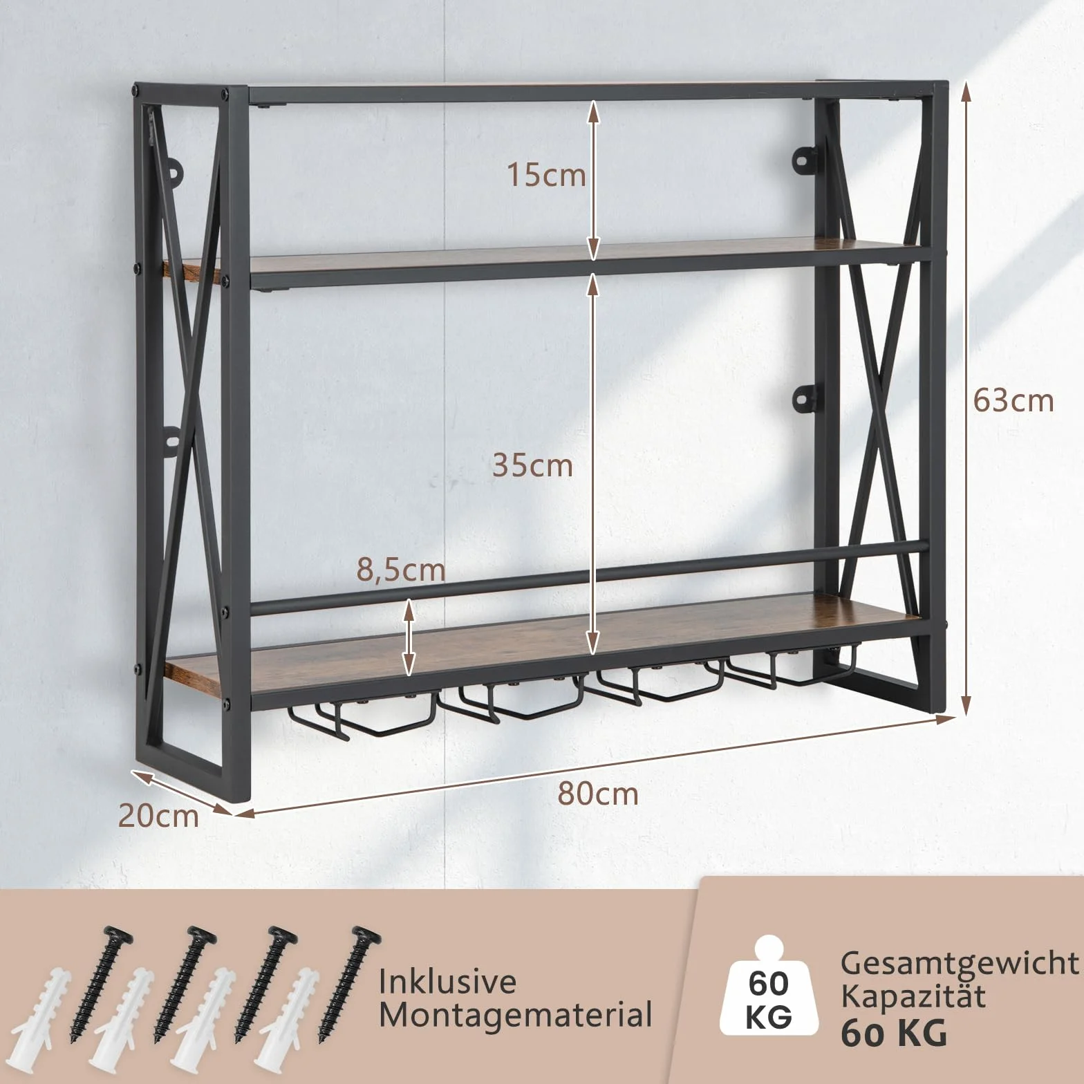 GOPLUS Regał na wino na ścianie z uchwytem na szklanki, regał na ścianie, regał na butelki z metalową podstawą, uchwyt na butelki, uchwyt na wino do kuchni i salonu (brązowy, 80 × 20 × 63 cm)