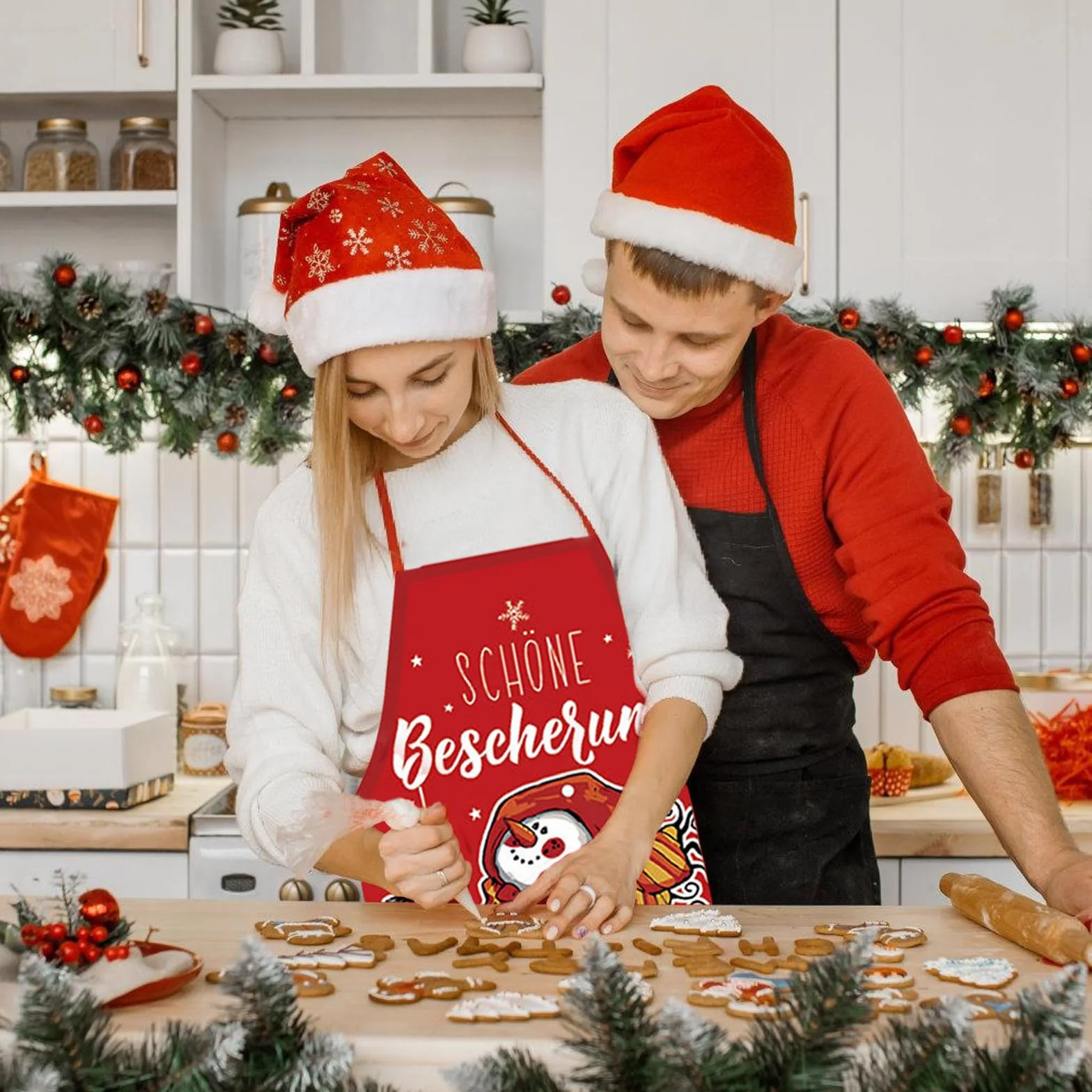LUVDECO Fartuch bożonarodzeniowy 2 sztuki regulowany z wzorem świątecznym dla kobiet i mężczyzn