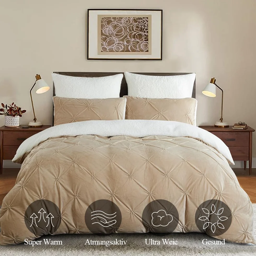 Lanqinglv Zestaw 2 poszewek na poduszkę 40x80cm Beżowy Khaki Flanel Miękki Teddy Fleece Kaszmirowy Touch Pintuck Poszewka na poduszkę z zamkiem błyskawicznym Dwupak