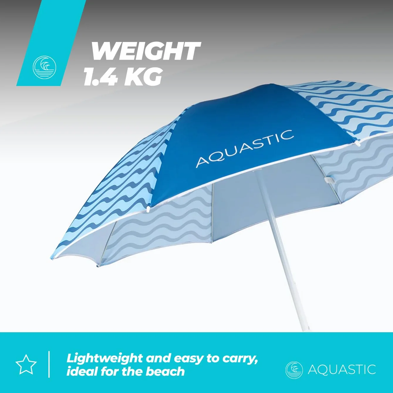 AQUASTIC OMBRELO Niebieski parasol plażowy, wiatroszczelny, stabilny parasol na plażę i do ogrodu, trwałe materiały, łatwy do złożenia i transportu, kompaktowy, 160 x 190 cm
