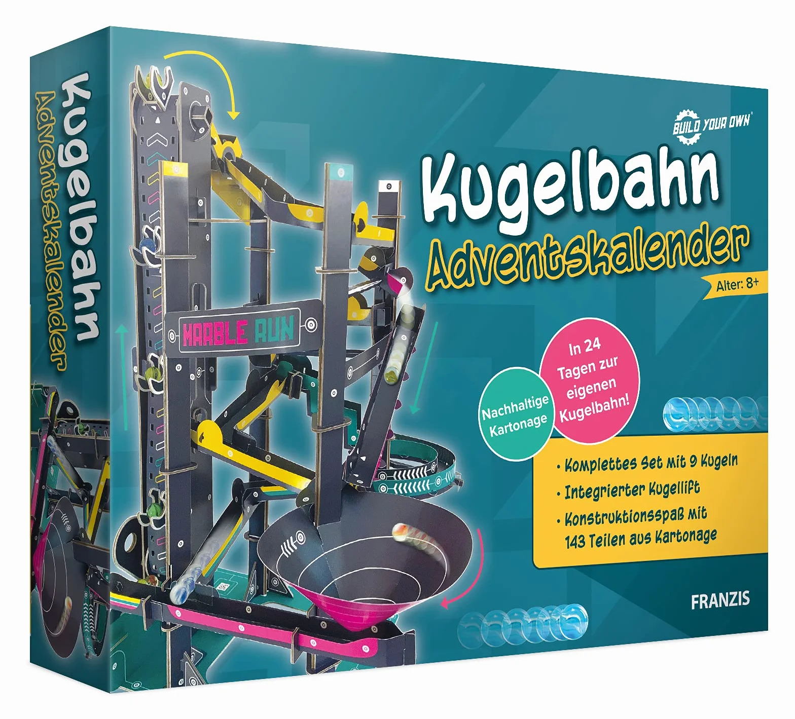 Franzis 67300 Kalendarz adwentowy Marble Run, 24 dni do własnego marmurowego biegu, zestaw do rękodzieła z tektury, bez plastiku, zalecany od 8 lat