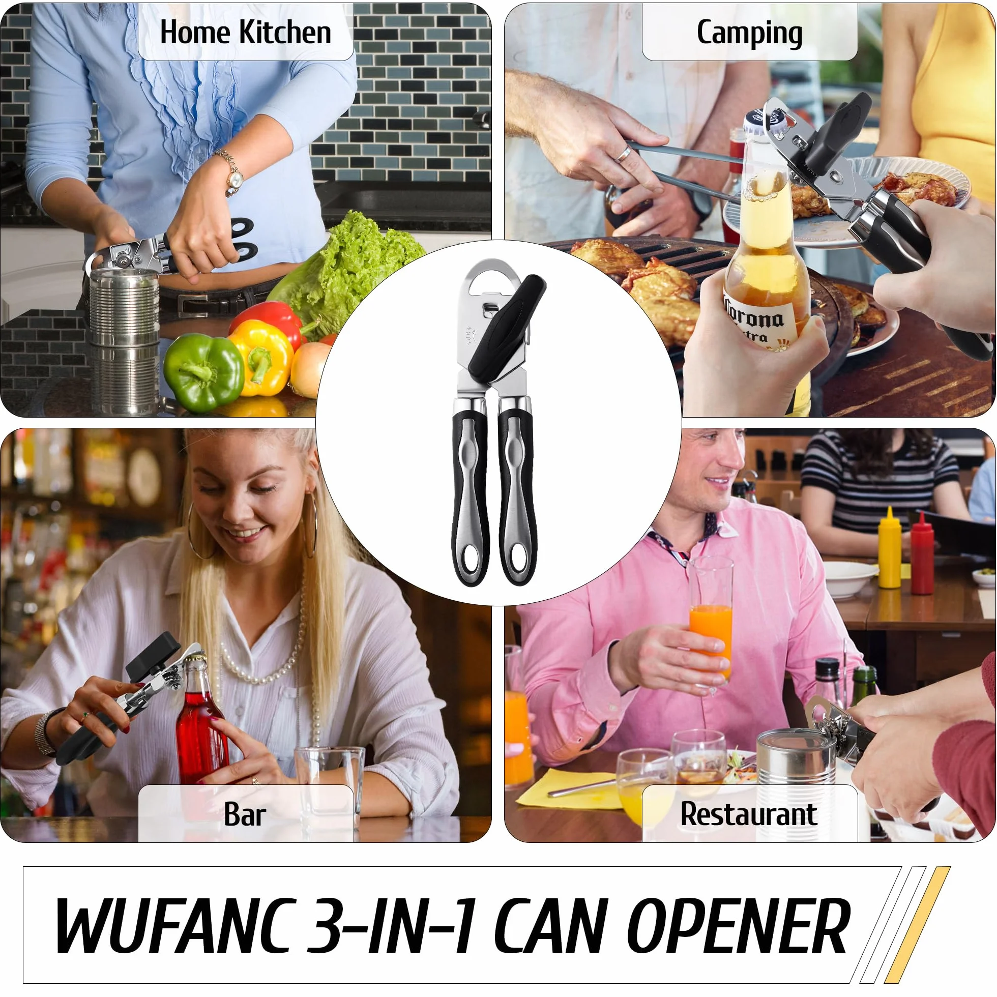 Otwieracz do Puszek 3w1 z Antypoślizgową Rękojeścią, Otwieracz do Konserw z Ergonomicznym Pokrętłem, Łatwe Otwieranie Bez Ostrych Krawędzi,Otwieracz do Butelek i Słoików Bezpieczny dla Seniorów