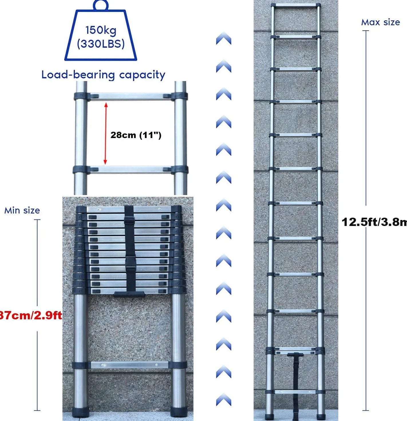 Drabina teleskopowa 3,8 m, 3,8 m, wielofunkcyjna drabina teleskopowa ze stali nierdzewnej, wysuwana, przenośna, stabilna drabina loftowa do ciągnięcia, ściany, wymiany, żarówki, czyszczenia okien