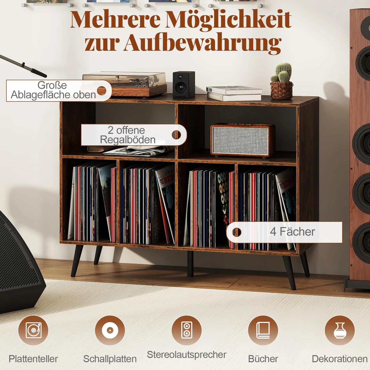 COSTWAY Stojak na gramofony, 3-stopniowy, szafka na gramofony z winylowymi półkami do przechowywania, winylowy uchwyt do przechowywania, do salonu, pokoju muzycznego (brązowy)