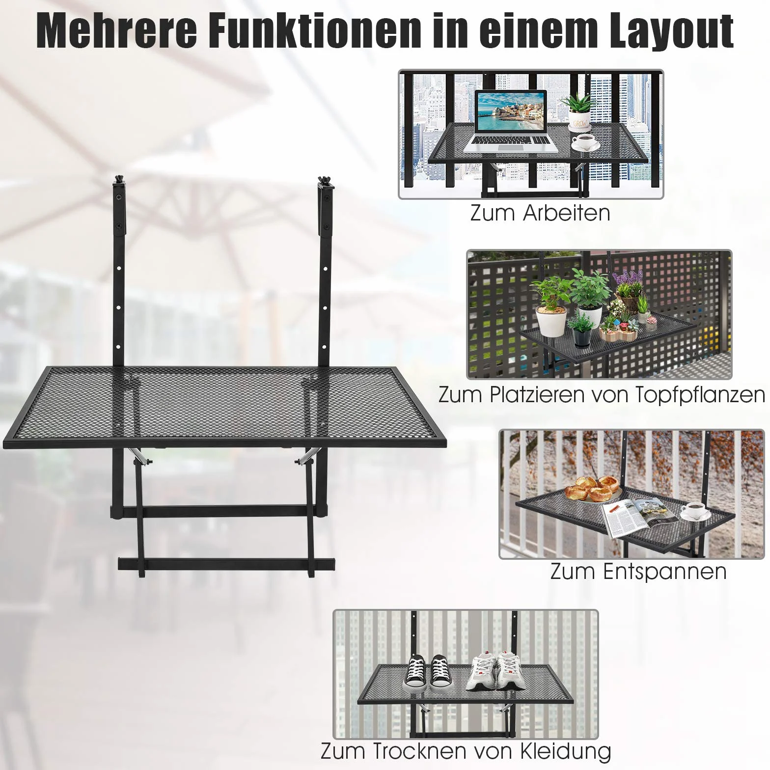 COSTWAY Składany stół balkonowy, wiszący, 5-stopniowa regulacja wysokości, z metalu, prostokątny, nośność 20 kg, 60,5 x 40,5 cm