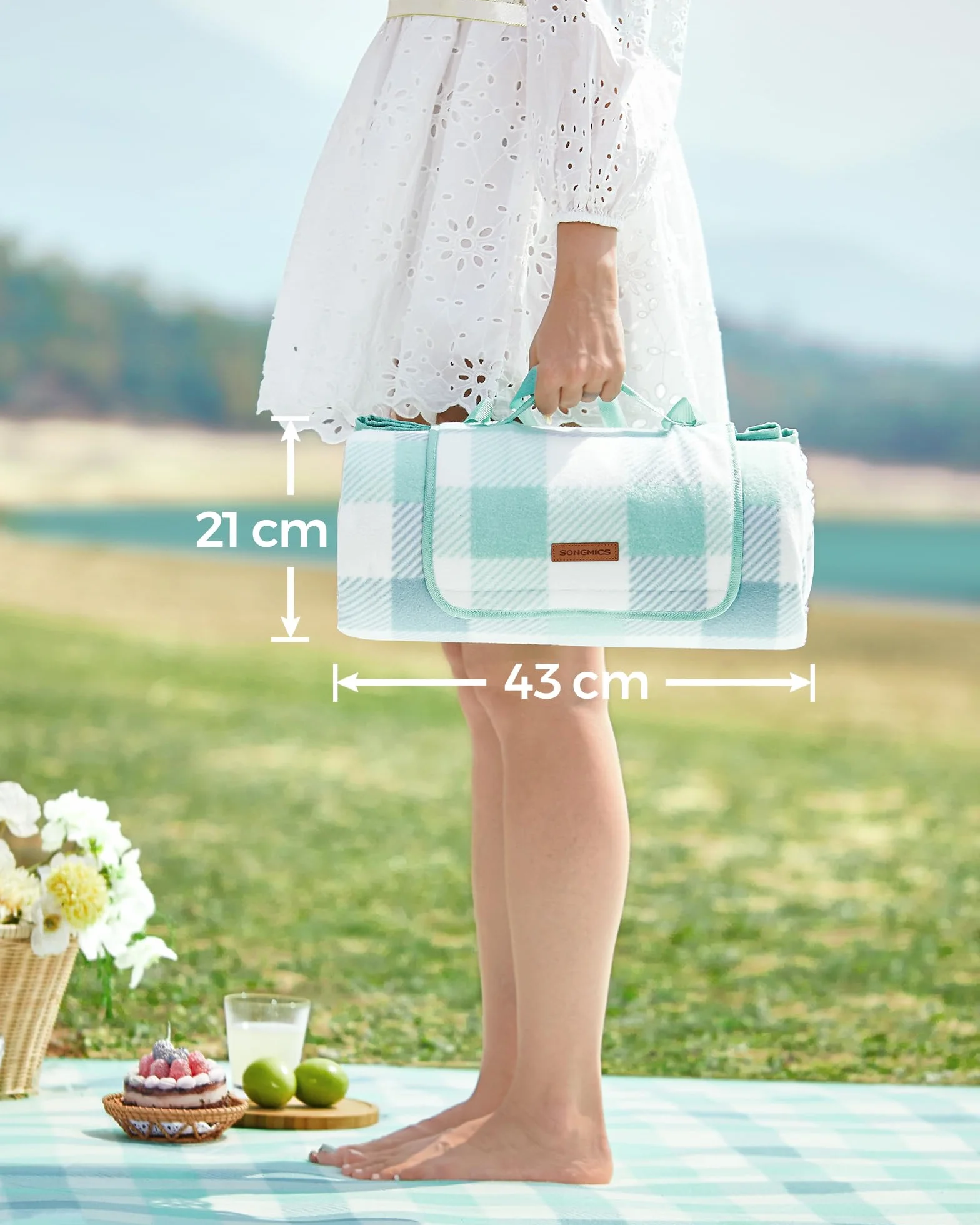 SONGMICS Koc piknikowy 300x200cm z 4 kotwami gruntowymi Duży koc kempingowy Park Garden Beach Wodoodporny Składany Zielony Biały GCM012W03