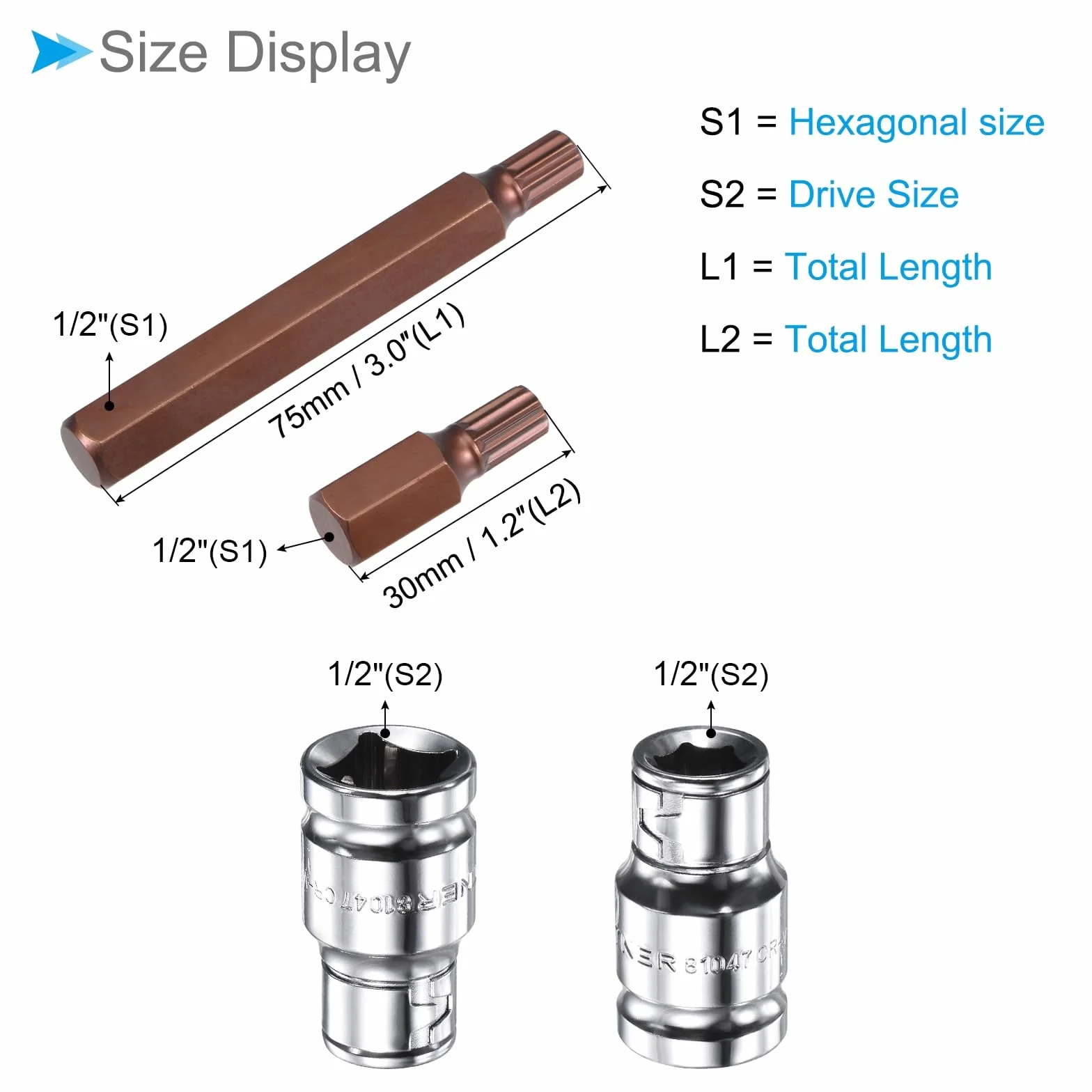 Potrójny zestaw nasadek kwadratowych M5 - M12 1/5.1 cm, gniazdo CR-V S2 Steel Bit - (Zastosowania: do zastosowania łącznika), 11 sztuk