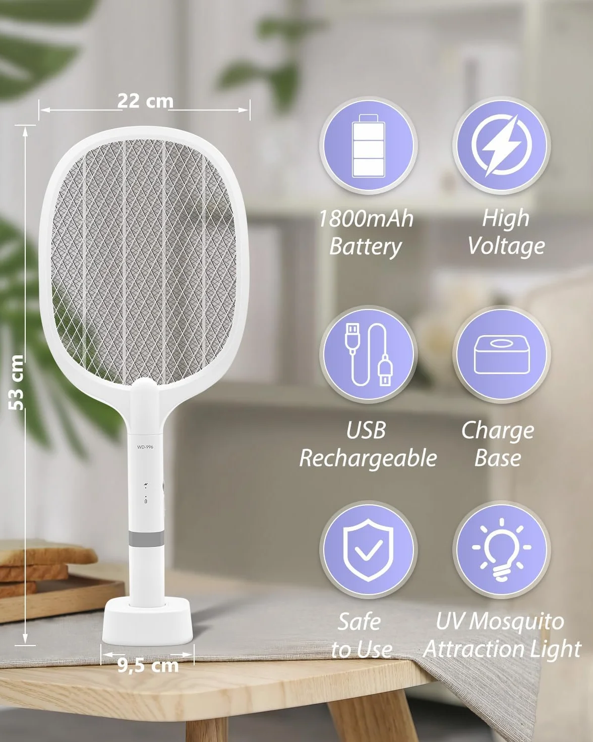 Elektryczna Packa na Muchy, 3000V Ładowalna Zabijacz Komarów z Lampą UV, 1800mAh Łapka Owady, Trzy Warstwy Ochrony z Siatki, Używana do Zabijania Komarów i Innych Latających Owadów